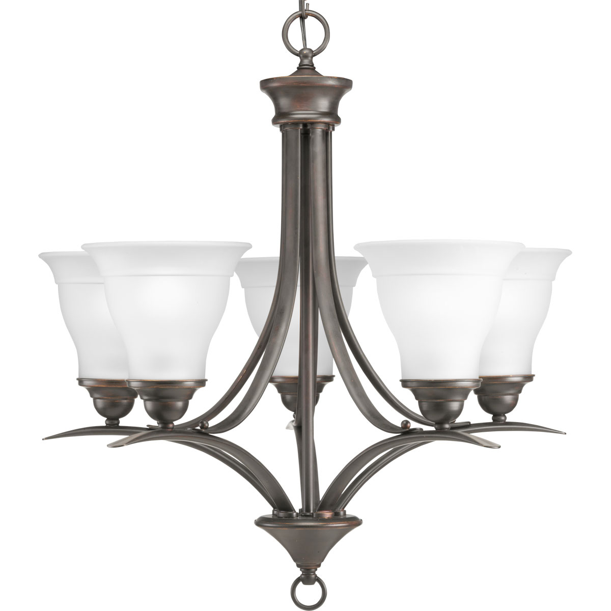 Five-light chandelier featuring soft angles, curving lines and etched glass shades. Gracefully exotic, the Trinity Collection offers classic sophistication for transitional interiors. Sculptural forms of metal and glass are enhanced by a classic finish. This transitional style can transform a room or your whole home with its charming versatility. Antique Bronze finish.