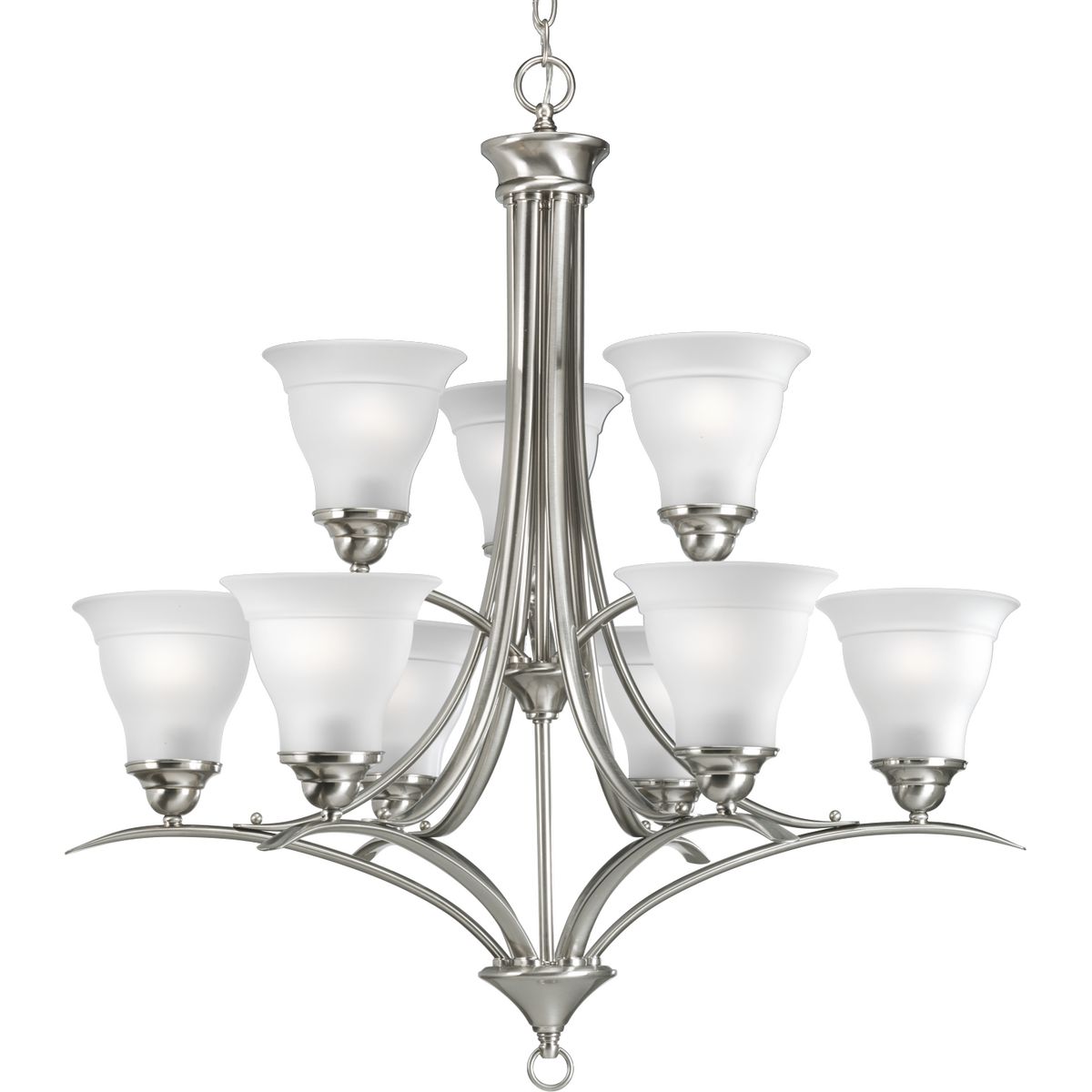 Nine-light, two-tier chandelier featuring soft angles, curving lines and etched glass shades. Gracefully exotic, the Trinity Collection offers classic sophistication for transitional interiors. Sculptural forms of metal and glass are enhanced by a classic finish. This transitional style can transform a room or your whole home with its charming versatility. Brushed Nickel finish.