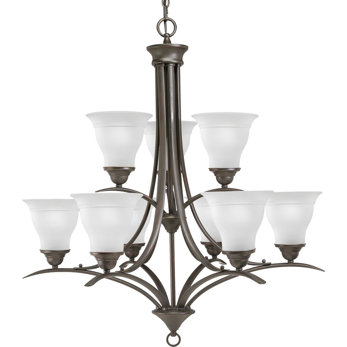 Nine-light, two-tier chandelier featuring soft angles, curving lines and etched glass shades. Gracefully exotic, the Trinity Collection offers classic sophistication for transitional interiors. Sculptural forms of metal and glass are enhanced by a classic finish. This transitional style can transform a room or your whole home with its charming versatility. Antique Bronze finish.