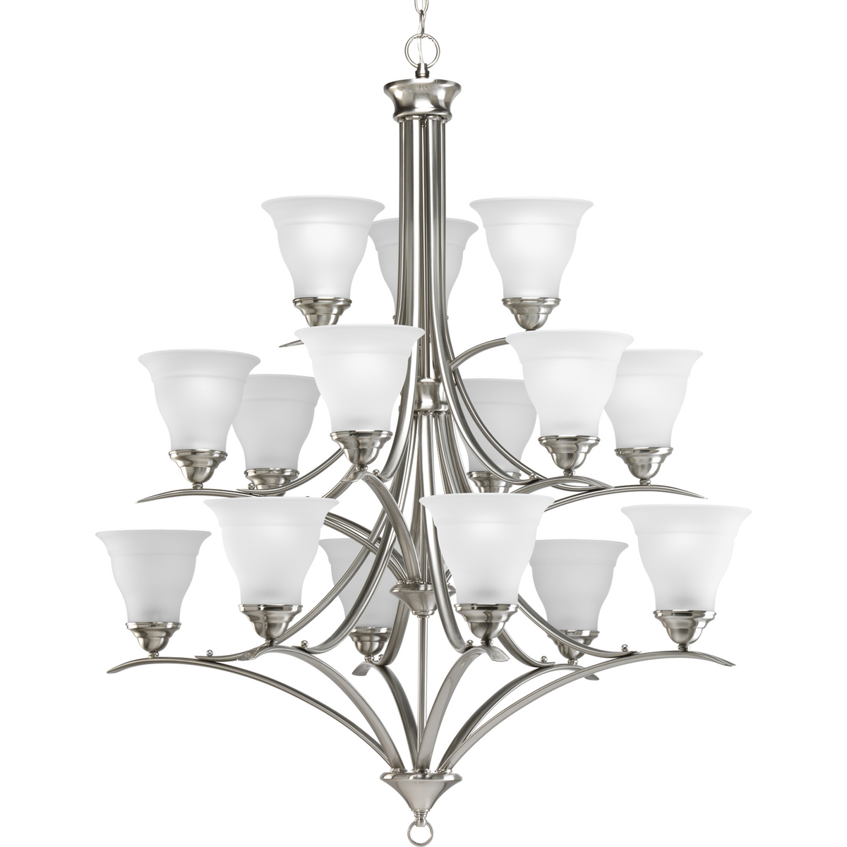 Fifteen-light three-tier chandelier featuring soft angles, curving lines and etched glass shades. Gracefully exotic, the Trinity Collection offers classic sophistication for transitional interiors. Sculptural forms of metal and glass are enhanced by a classic finish. This transitional style can transform a room or your whole home with its charming versatility. Brushed Nickel finish.