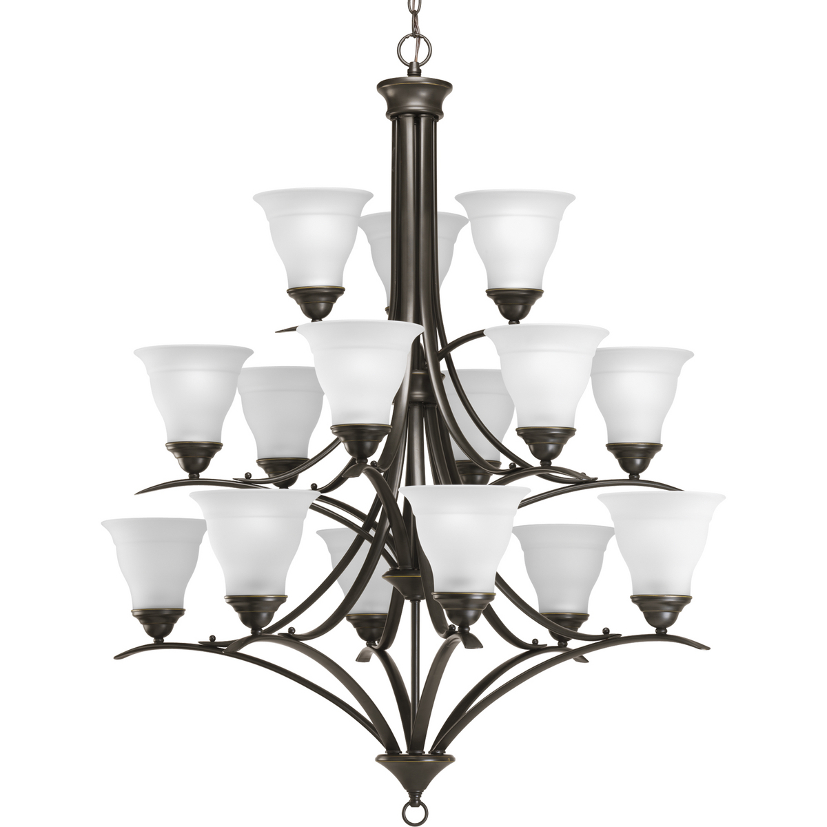 Fifteen-light three-tier chandelier featuring soft angles, curving lines and etched glass shades. Gracefully exotic, the Trinity Collection offers classic sophistication for transitional interiors. Sculptural forms of metal and glass are enhanced by a classic finish. This transitional style can transform a room or your whole home with its charming versatility. Antique Bronze finish.
