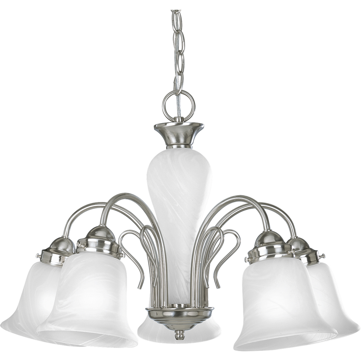 Five-light chandelier with etched alabaster glass shades and center column from the Bedford Collection features softly diffused alabaster glass shades on a finely crafted frame. Striking metallic finish adds richness and depth to the fixture. The style blends well with today's home fashion and provides the perfect accent to your decor.