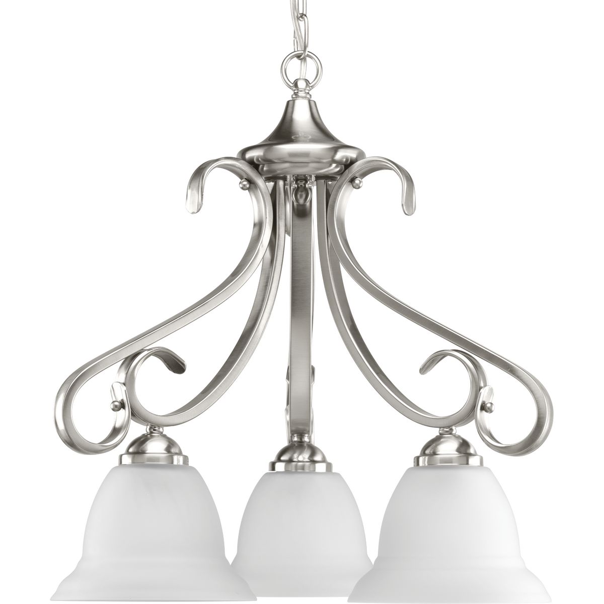Three-light chandelier with etched white oversized, bell-shaped glass bowls. Distinctive ebbing and flowing of squared scrolls and arms in Brushed Nickel finish.