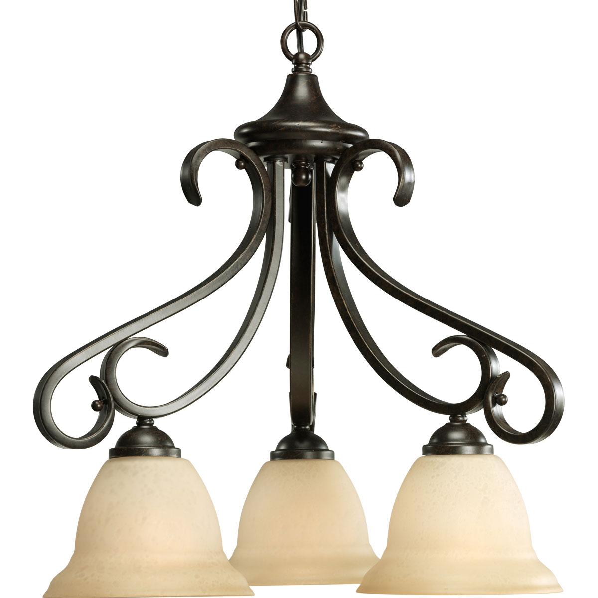 Three-light chandelier with tea stained oversized, bell-shaped glass bowls. Distinctive ebbing and flowing of squared scrolls and arms in Forged Bronze finish.