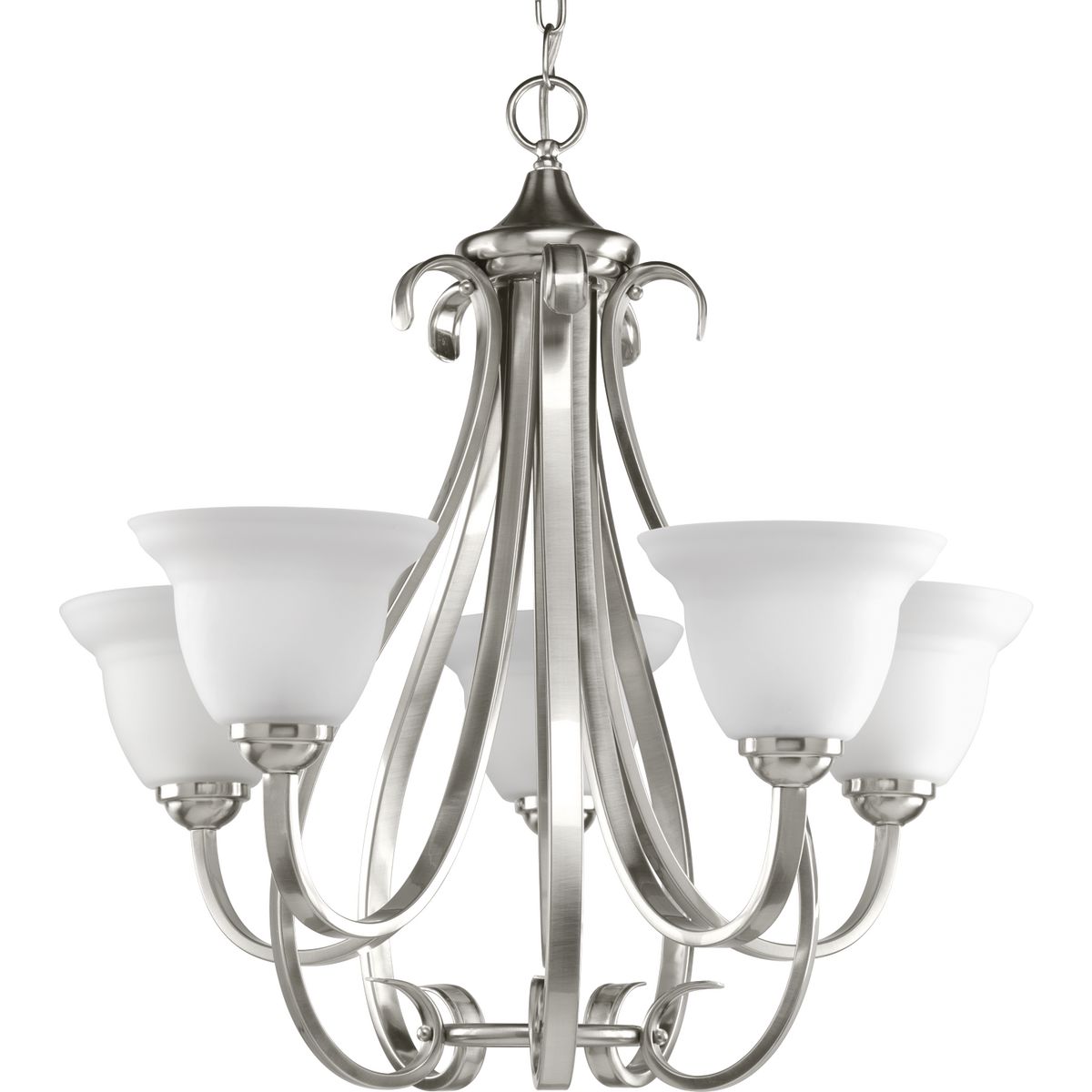 Elegantly formed five-light chandelier featuring soft etched white, bell-shaped glass. Distinctive ebbing and flowing of flat steel arms and scroll accents are plated in a Brushed Nickel finish. With a timeless appeal, this Torino fixture is supplied with six feet of 9 gauge chain for ceiling chain mount.
