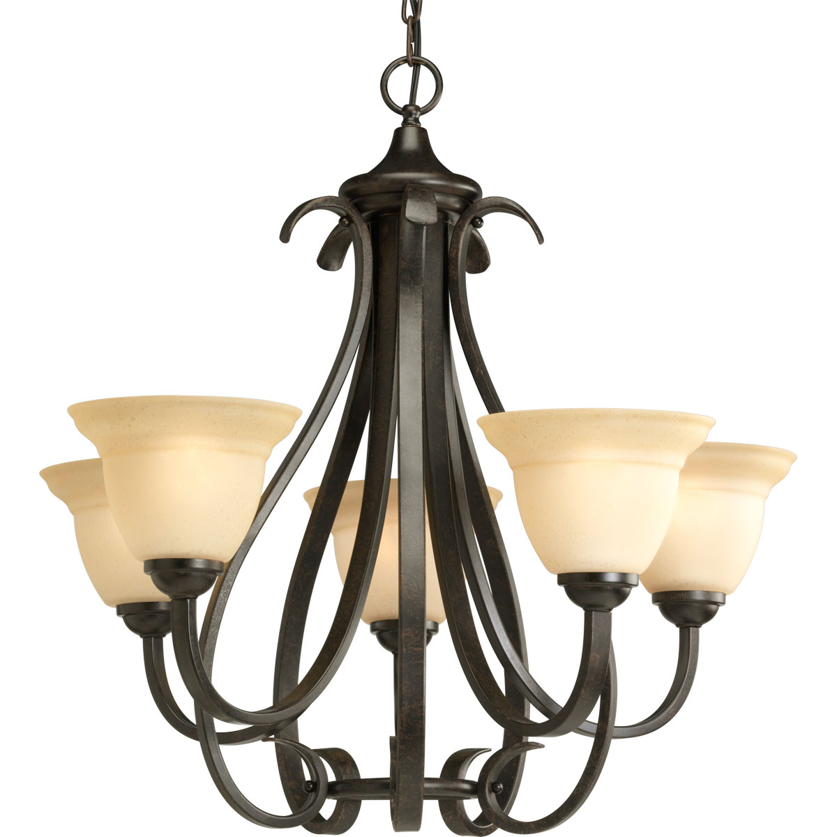 Elegantly formed five-light chandelier featuring soft tea-stained, bell-shaped glass. Distinctive ebbing and flowing of flat steel arms and scroll accents are hand painted in a Forged Bronze finish entailing black and brown tones. With a timeless appeal, this Torino fixture is supplied with six feet of 9 gauge chain for ceiling chain mount.