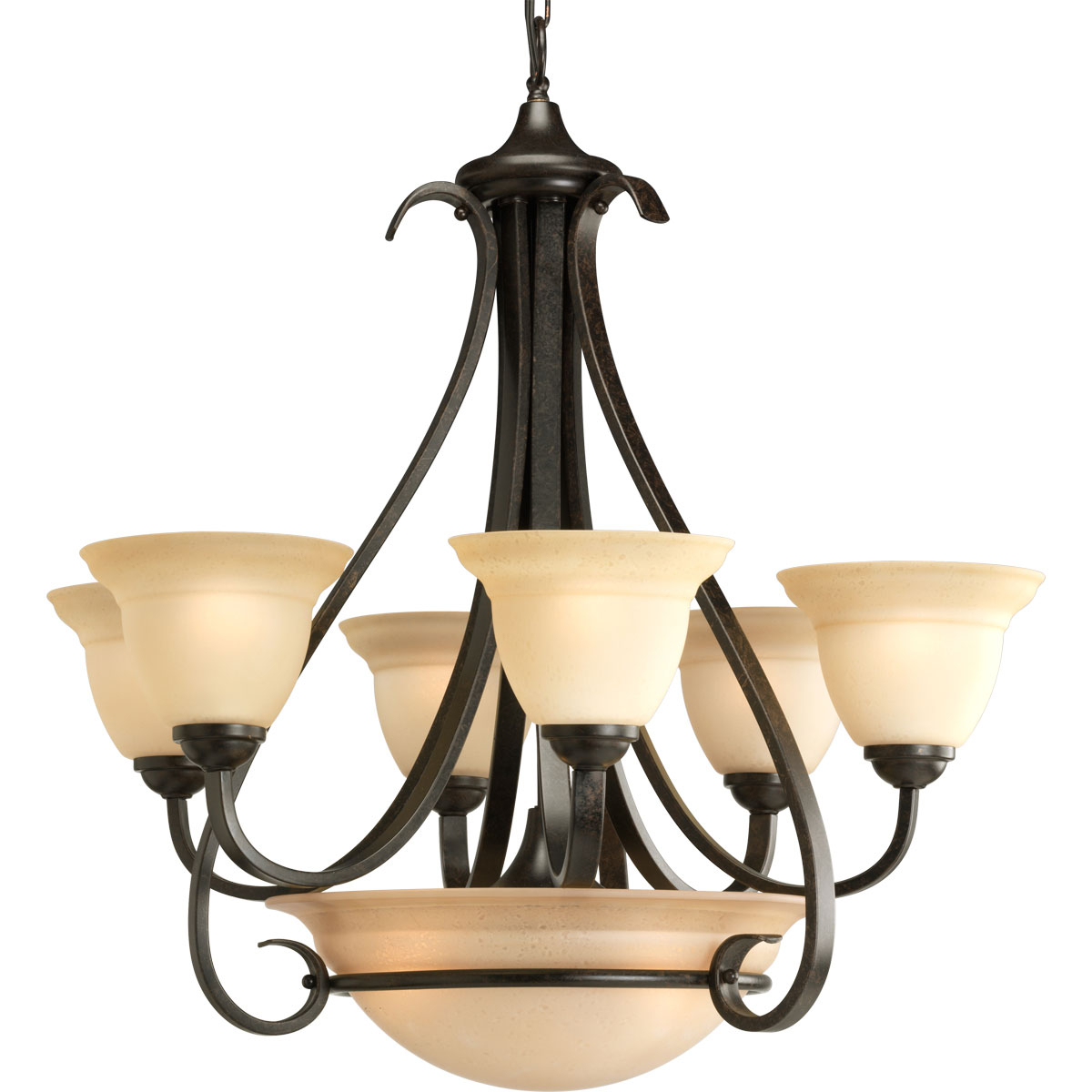 Elegantly formed six-light, two-tier chandelier featuring soft tea-stained glass. A provided three-light downlight in an oversized, bell-shaped glass bowl adds greater distinctive lighting. Characteristic ebbing and flowing of flat steel arms and scroll accents are hand painted in a Forged Bronze finish entailing black and brown tones. With a timeless appeal, this Torino fixture is supplied with six feet of 9 gauge chain for ceiling chain mount.