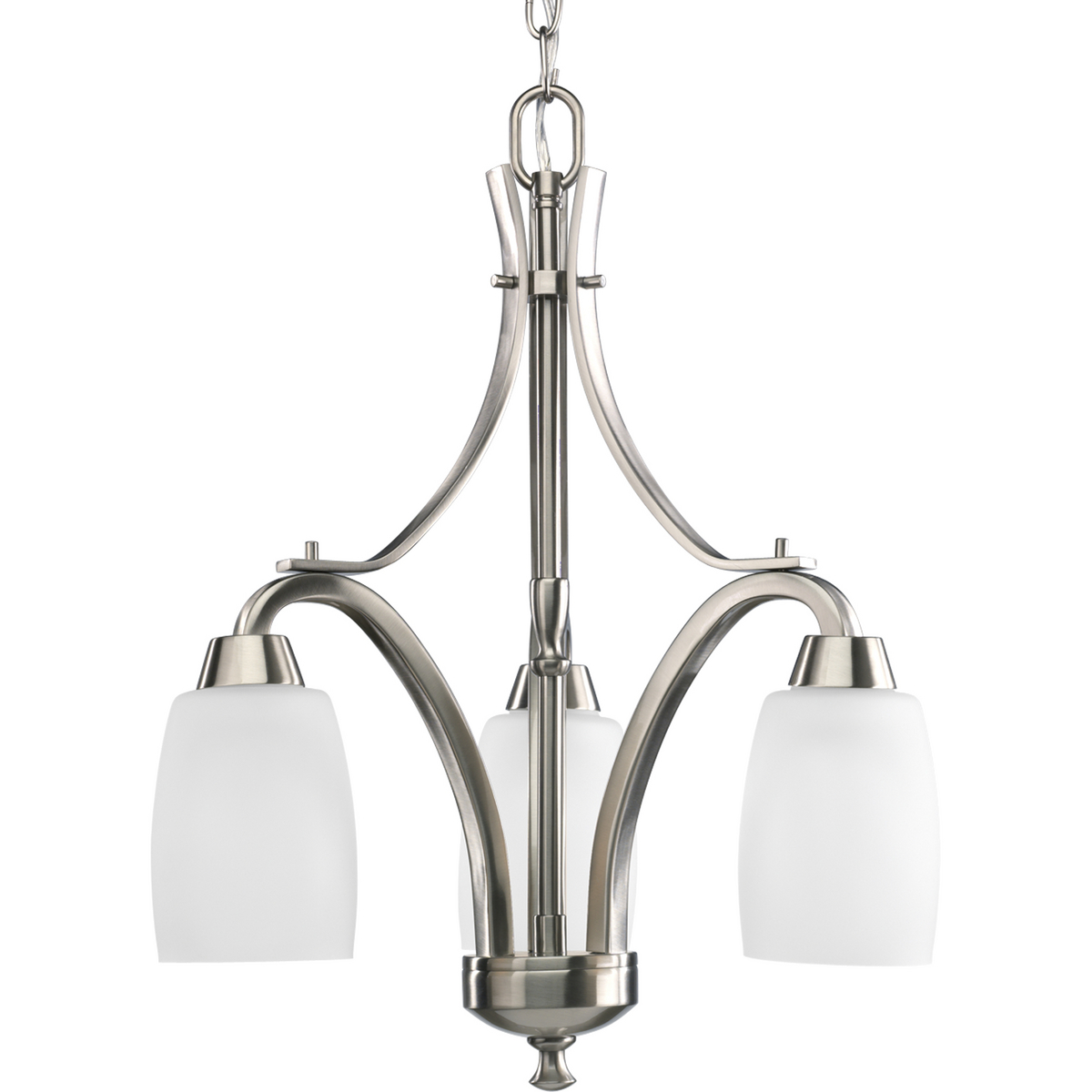 Three-light chandelier is characterized by its unique tulip-shaped glass shades and bold, sculptural design. Arching rectangular arms flow through the fixture and consist of strap accents. Downlight style, etched white glass brings out the beauty for this Brushed Nickel fixture while also providing ideal illumination. Wisten Collection can be used to update a single room or an entire home to create a designer coordinated look.