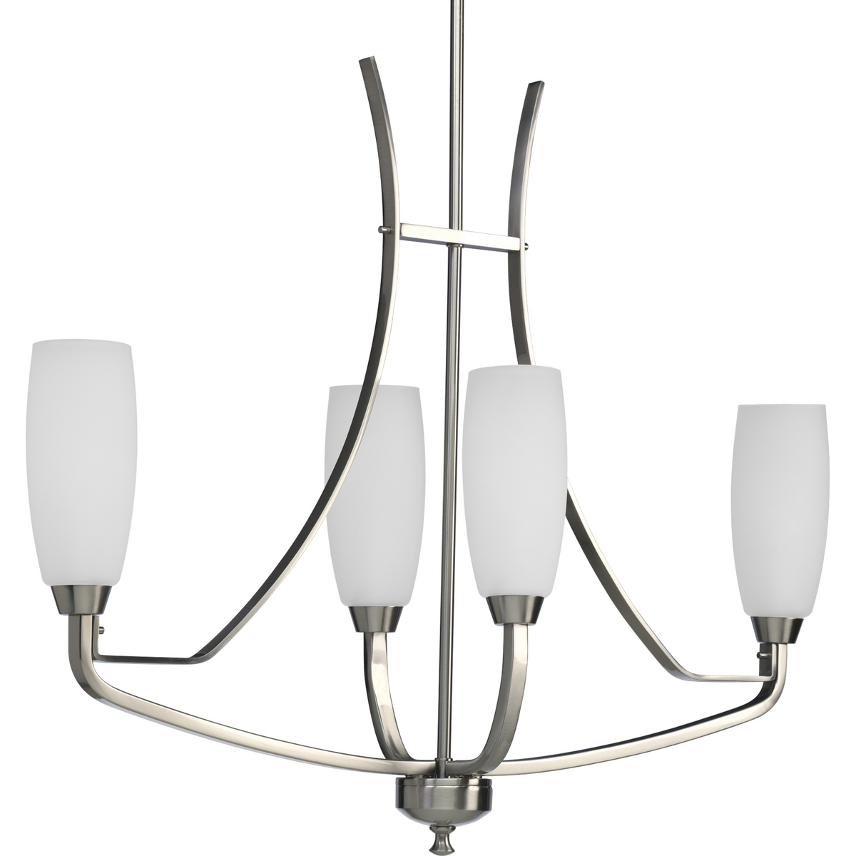 Four-light linear chandelier is characterized by its unique tulip-shaped glass shades and bold, sculptural design. Rectangular arms flow through the fixture and consist of strap accents. Etched white glass brings out the beauty for this Brushed Nickel fixture while also providing ideal illumination. Wisten Collection can be used to update a single room or an entire home to create a designer coordinated look.