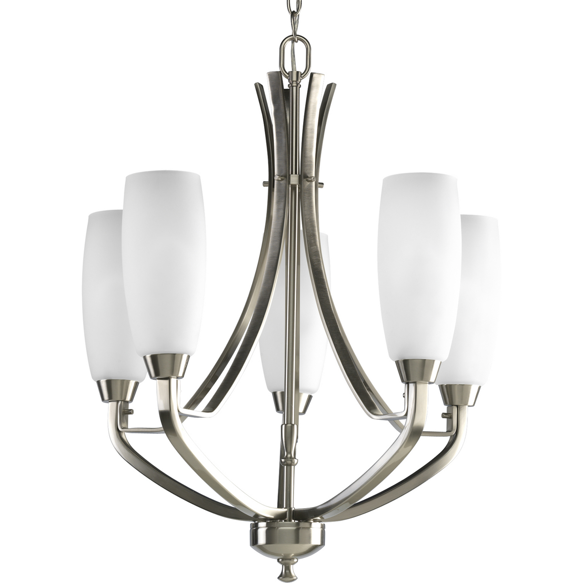 Five-light chandelier is characterized by its unique tulip-shaped glass shades and bold, sculptural design. Rectangular arms flow through the fixture and consist of strap accents. Etched white glass brings out the beauty for this Brushed Nickel fixture while also providing ideal illumination. Wisten Collection can be used to update a single room or an entire home to create a designer coordinated look.