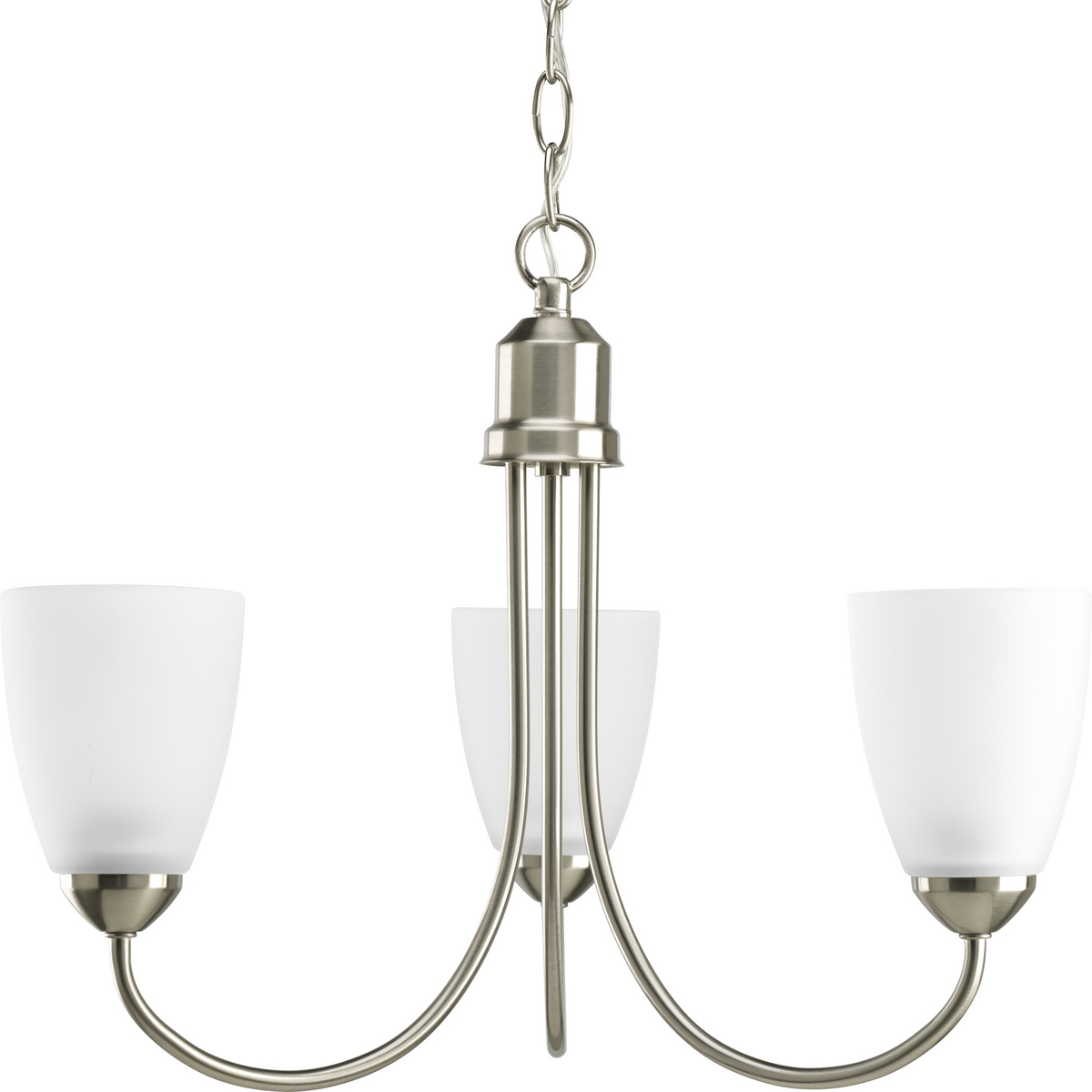 Three-light chandelier from Gather possesses a smart simplicity to complement today's home. Brushed Nickel metal arms descend upwards and curve sharply to prop white etched glass shades. Etched glass add distinction and provide pleasing illumination to your room. Coordinating fixtures from this collection let you decorate an entire home with confidence and style. 42 in of 9 gauge chain is supplied for ceiling chain mount.