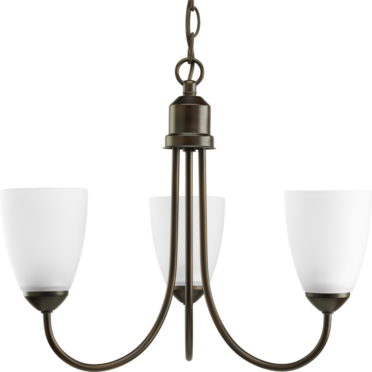 Three-light chandelier from Gather possesses a smart simplicity to complement today's home. Antique Bronze metal arms descend downwards and curve sharply to prop white etched glass shades. Etched glass add distinction and provide pleasing illumination to your room. Coordinating fixtures from this collection let you decorate an entire home with confidence and style. 42 in of 9 gauge chain is supplied for ceiling chain mount.