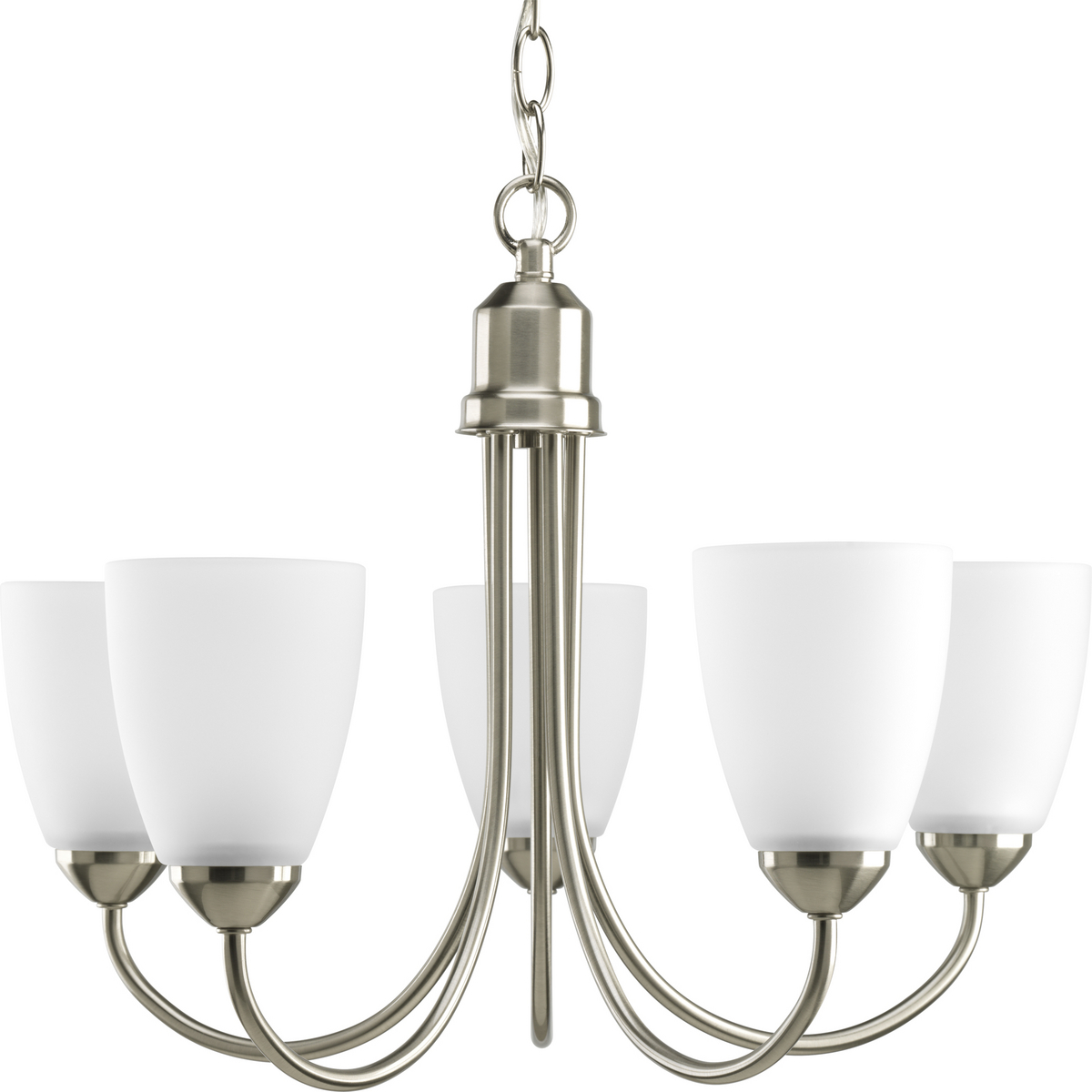 Five-light chandelier from Gather possesses a smart simplicity to complement today's home. Brushed Nickel metal arms descend downwards and curve sharply to prop white etched glass shades. Etched glass add distinction and provide pleasing illumination to your room. Coordinating fixtures from this collection let you decorate an entire home with confidence and style. 42 in of 9 gauge chain is supplied for ceiling chain mount.