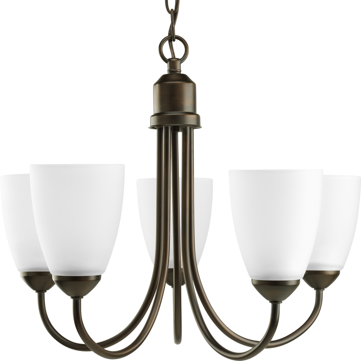 Five-light chandelier from Gather possesses a smart simplicity to complement today's home. Antique bronze metal arms descend downwards and curve sharply to prop white etched glass shades. Etched glass add distinction and provide pleasing illumination to your room. Coordinating fixtures from this collection let you decorate an entire home with confidence and style. 42 in of 9 gauge chain is supplied for ceiling chain mount.