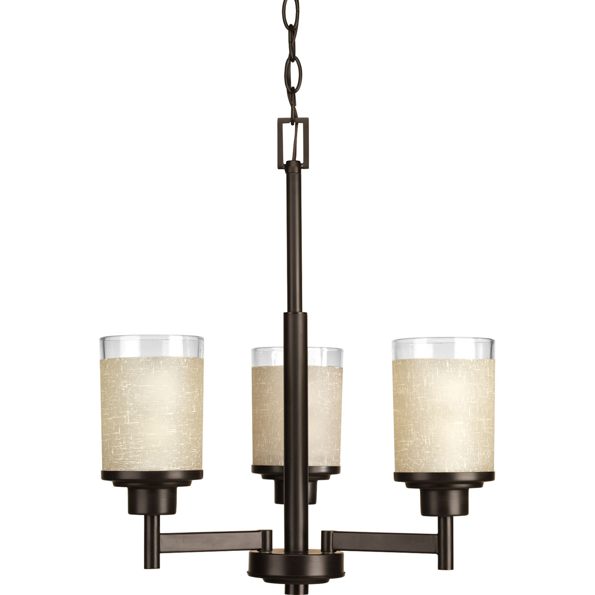 Three-light chandelier features a pleasingly simple Antique Bronze frame while visually interesting textured etched umber linen glass are complemented by a crisp clear edge accent. Create the sophisticated feel of modern, urban living in your home - no matter where you live.