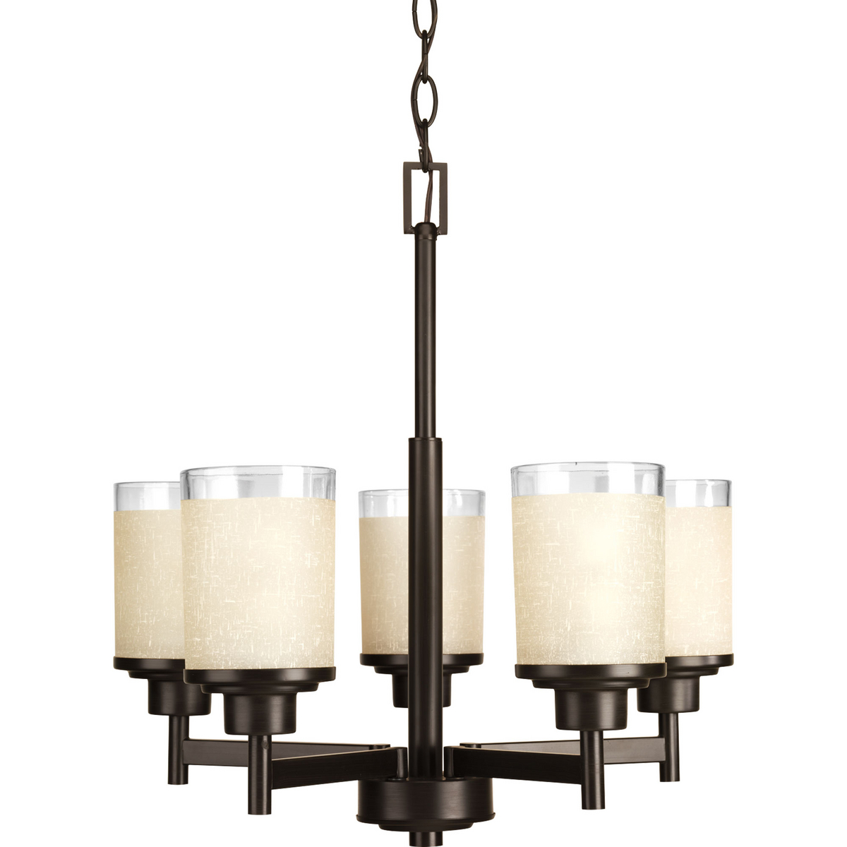 Five-light linear chandelier features a pleasingly simple Antique Bronze frame while visually interesting textured etched umber linen glass are complemented by a crisp clear edge accent. Create the sophisticated feel of modern, urban living in your home - no matter where you live.