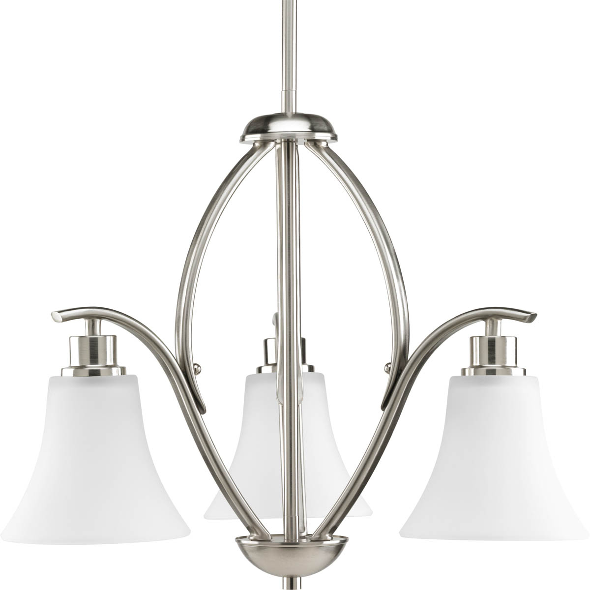 Gleeful simplicity defines this three-light chandelier from the Joy Collection. Refreshing and fashionable arcing forms of Brushed Nickel metal arms enhance the etched white fluted glass. Coordinating fixtures from this collection let you decorate an entire home with confidence and style. Unique stem-hung construction carries the clean line all the way to the ceiling and, for sloped ceilings, six feet of 9 gauge chain is provided to allow the fixture to hang straight and level.