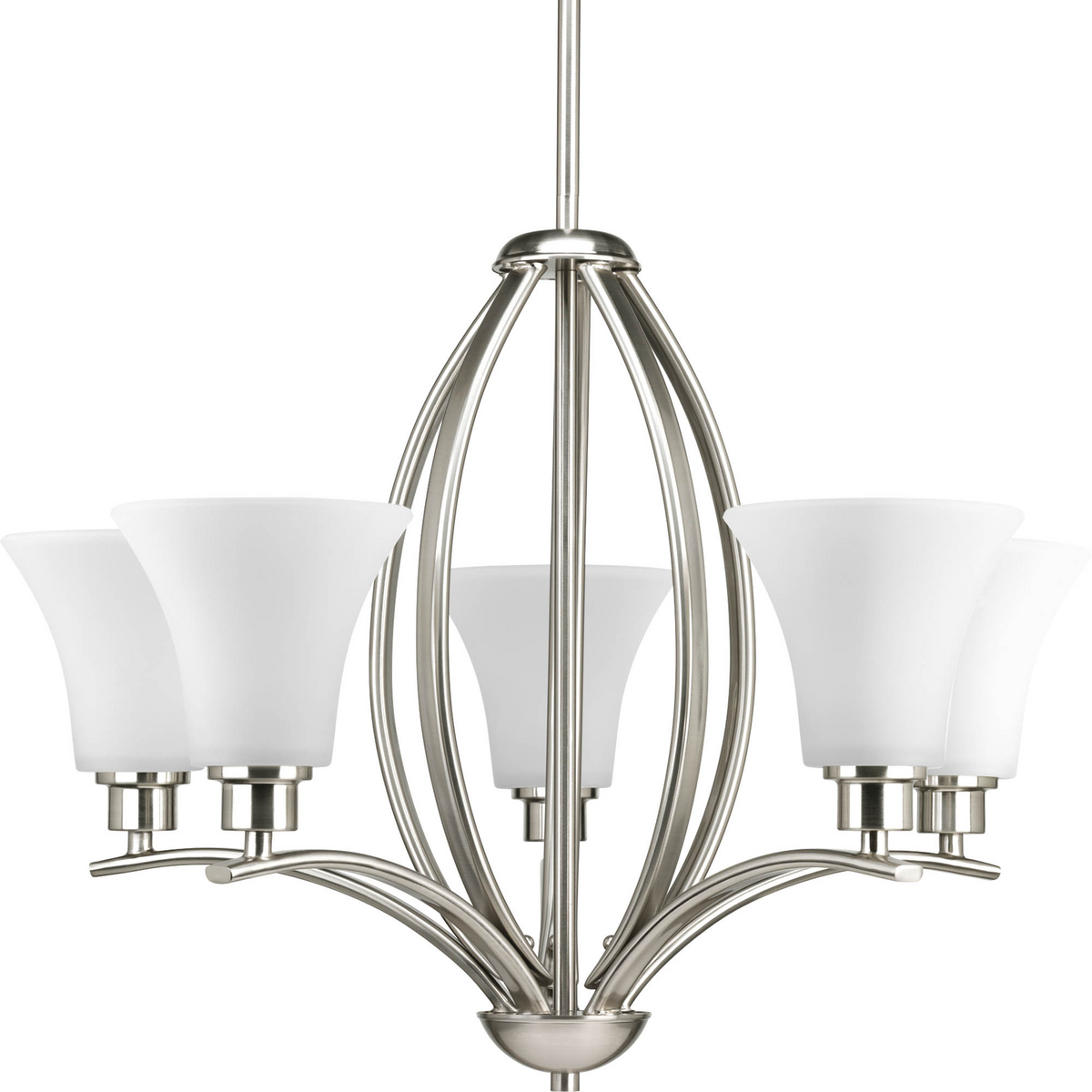 Gleeful simplicity defines this five-light chandelier from the Joy Collection. Refreshing and fashionable arcing forms of Brushed Nickel metal arms enhance the etched white fluted glass. Coordinating fixtures from this collection let you decorate an entire home with confidence and style. The unique construction comes with two six inch stems and one 72 inch chain to allow the fixture to hang straight and level at any height. For stem hanging fixtures one or two links of chain are still required.