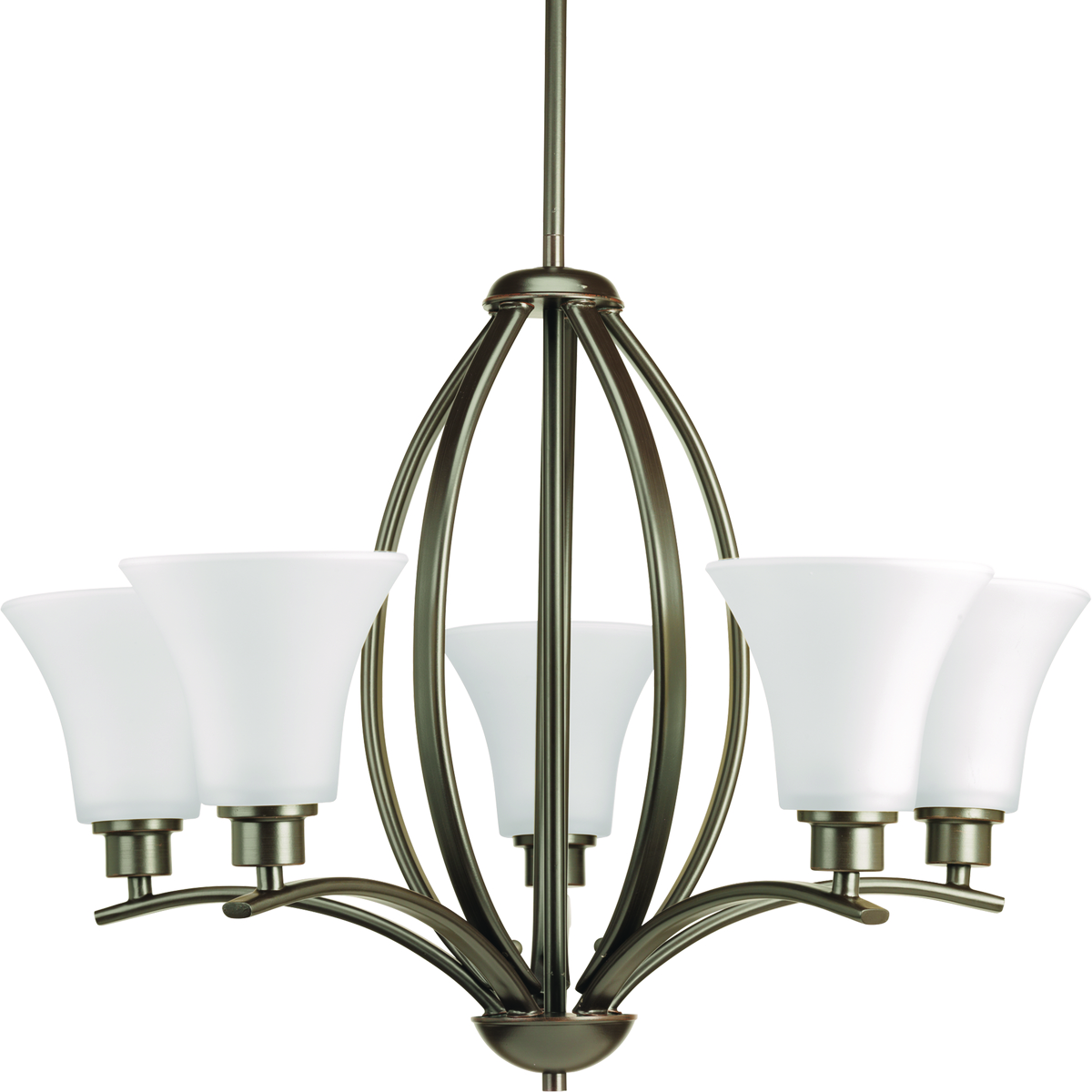 Gleeful simplicity defines this five-light chandelier from the Joy Collection. Refreshing and fashionable arcing forms of Antique Bronze metal arms enhance the etched white fluted glass. Coordinating fixtures from this collection let you decorate an entire home with confidence and style. Unique stem-hung construction carries the clean line all the way to the ceiling and, for sloped ceilings, six feet of 9 gauge chain is provided to allow the fixture to hang straight and level.