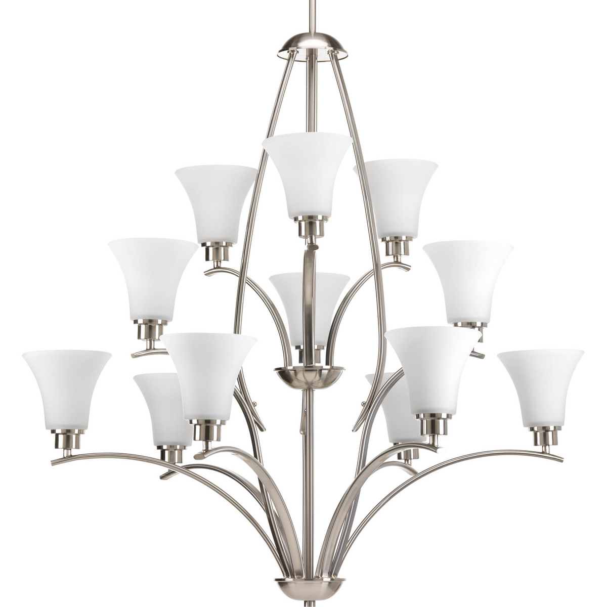 Gleeful simplicity defines this twelve-light, three-tier chandelier from the Joy Collection. Refreshing and fashionable arcing forms of Brushed Nickel metal arms enhance the etched white fluted glass. Coordinating fixtures from this collection let you decorate an entire home with confidence and style. Unique stem-hung construction carries the clean line all the way to the ceiling and, for sloped ceilings, ten feet of 9 gauge chain is provided to allow the fixture to hang straight and level.