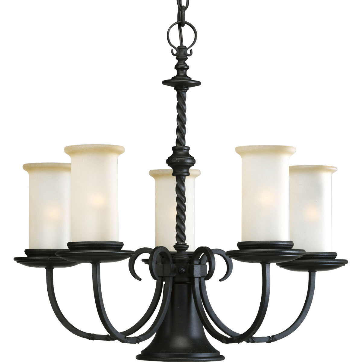 Five-light chandelier and downlight with a spiraled detailing, center column reveal scrolled arms enhanced by subtle twists. Highlighted by pillars of jasmine mist glass, each fixture creates a relaxed ambiance. Six feet of 9 gauge chain is supplied for ceiling chain mount. The Santiago Collection offers a distinct, elegant old-century style with a versatile design. Features one-light downlight, R20 50 watt max., that can be turned on/off with integral collumn switch.