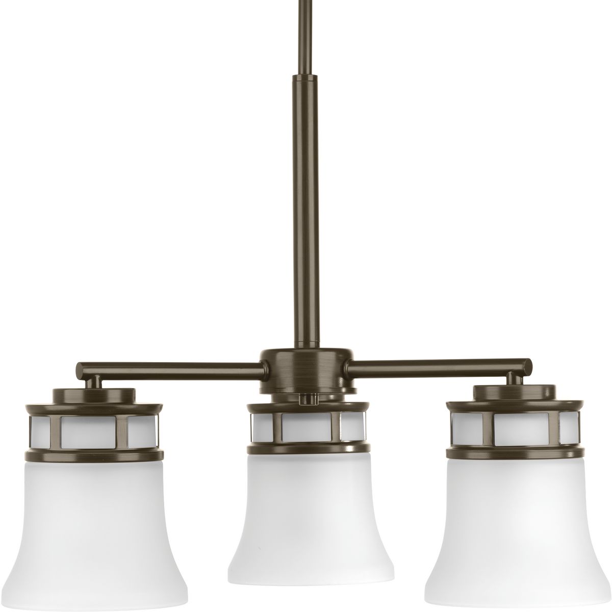 Three-light chandelier with smooth forms and windowpane style gallery that produce a beautiful, modern gas light effect. Overscaled tubing and etched glass shades offer substance within the sleek frame. Antique Bronze finish.