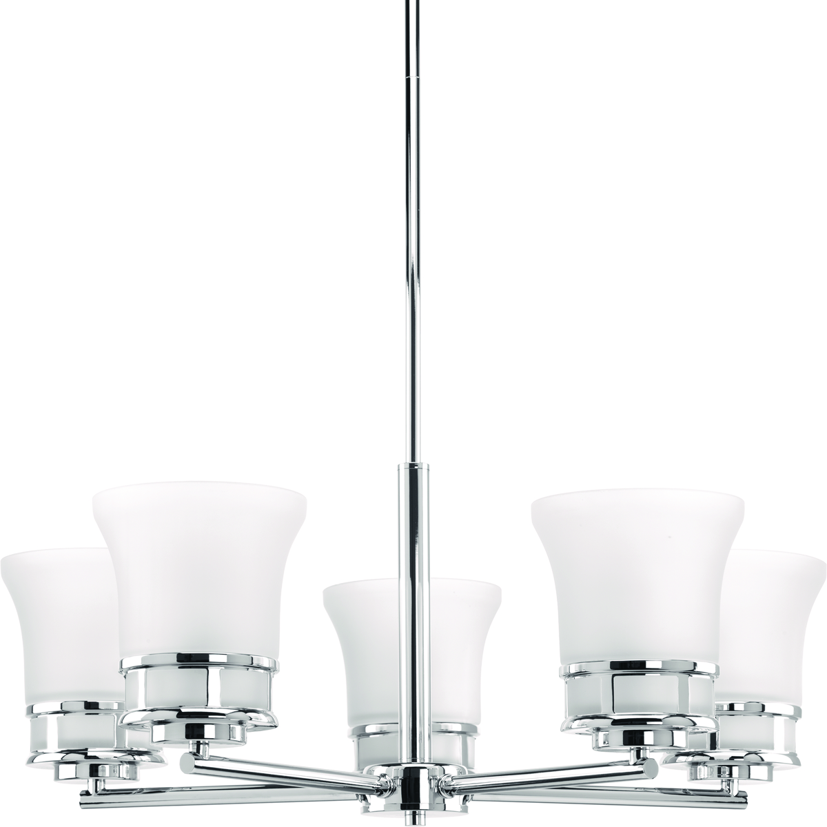 Five-light chandelier with smooth forms and windowpane style gallery that produce a beautiful, modern gas light effect. Overscaled tubing and etched glass shades offer substance within the sleek frame. Polished Chrome finish.