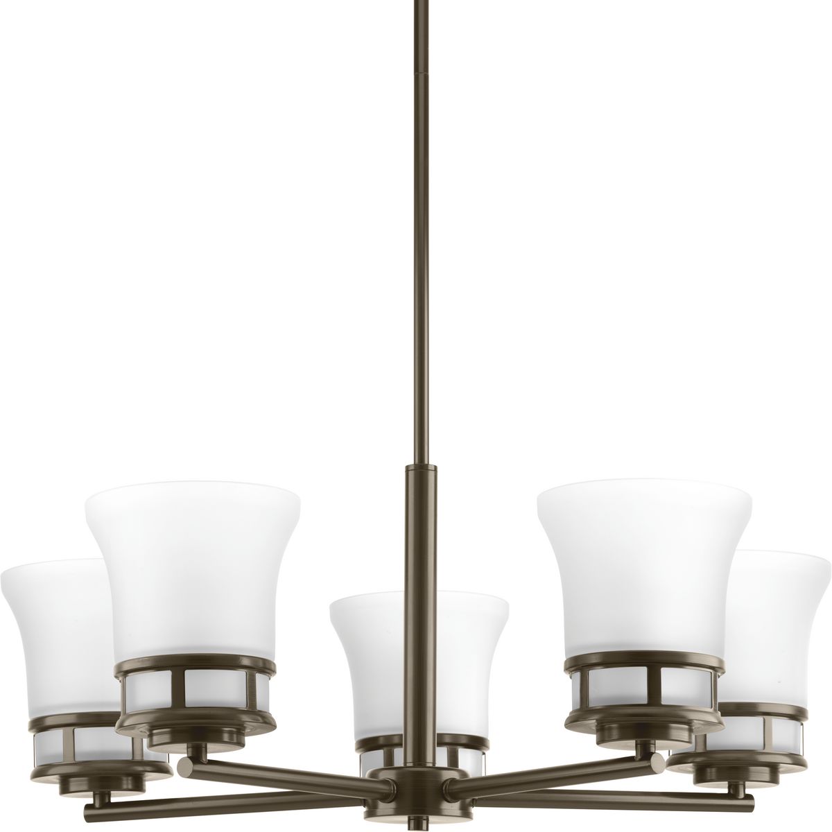 Five-light chandelier with smooth forms and windowpane style gallery that produce a beautiful, modern gas light effect. Overscaled tubing and etched glass shades offer substance within the sleek frame. Antique Bronze finish.