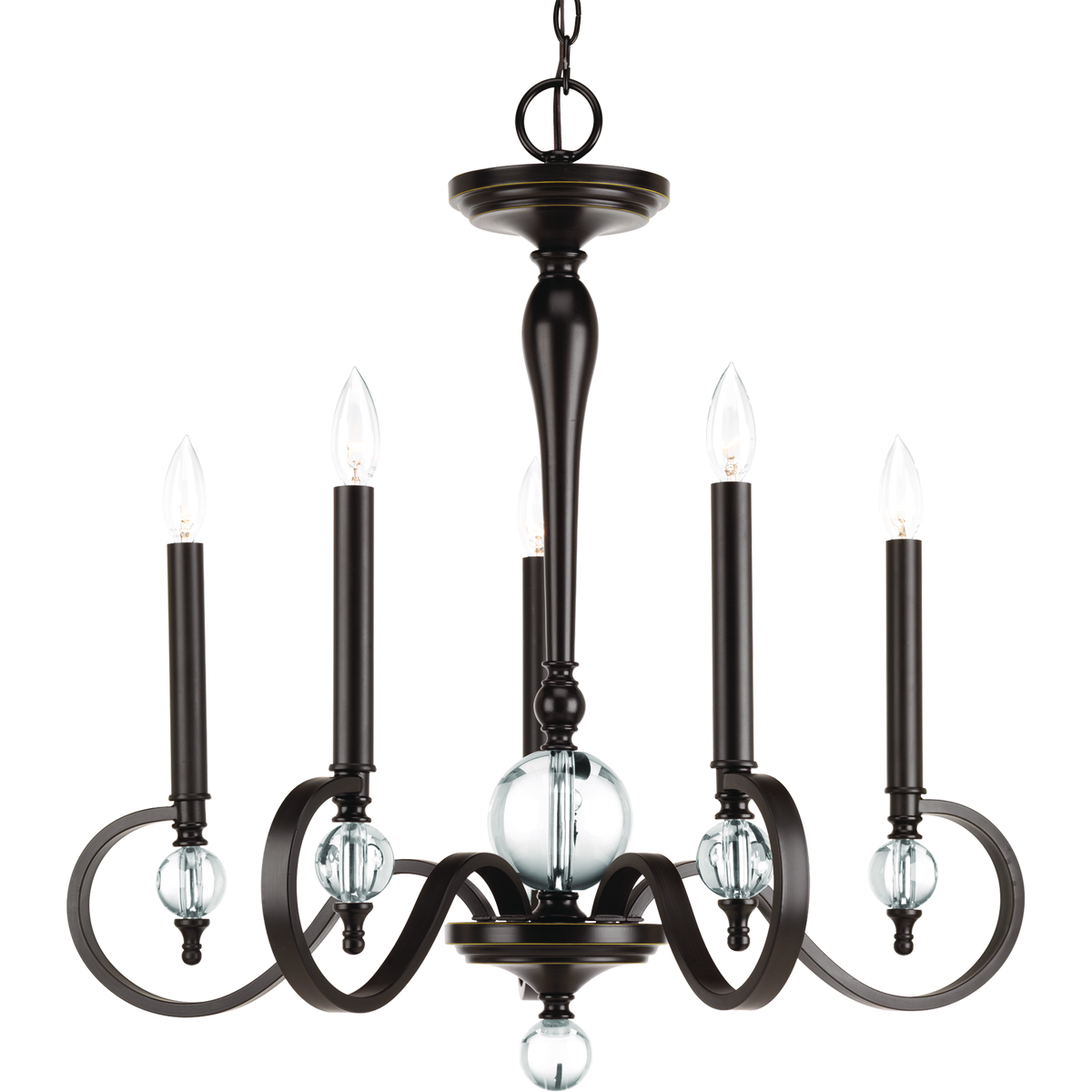 Esteem's exaggerated classic frame offers casual lux styling for the home. Oversized five-light single tiered chandeliers with K9 finial accents.