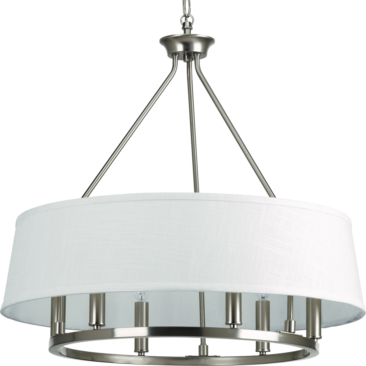 Classic six-light elegant chandelier modernized with a summer linen shade.