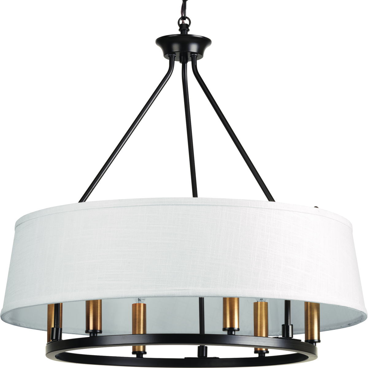 Classic six-light elegant chandelier modernized with a summer linen shade. The fixture includes both bronze and antique brass candle cover options to allow homeowners to complement mixed metal styling within a room.