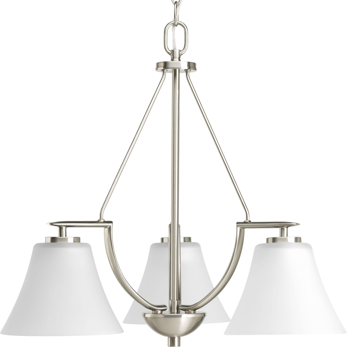 Three-light down chandelier with white etched glass from the Bravo collection. Linear elements stream throughout the fixture to compose a relaxed but exotic ambiance. Generously scaled glass shades add distinction against the Brushed Nickel finish and provide pleasing illumination to your room. Six feet of 9 gauge chain is supplied for ceiling chain mount. Bravo possesses a smart simplicity to complement today's home entirely with confidence and style.