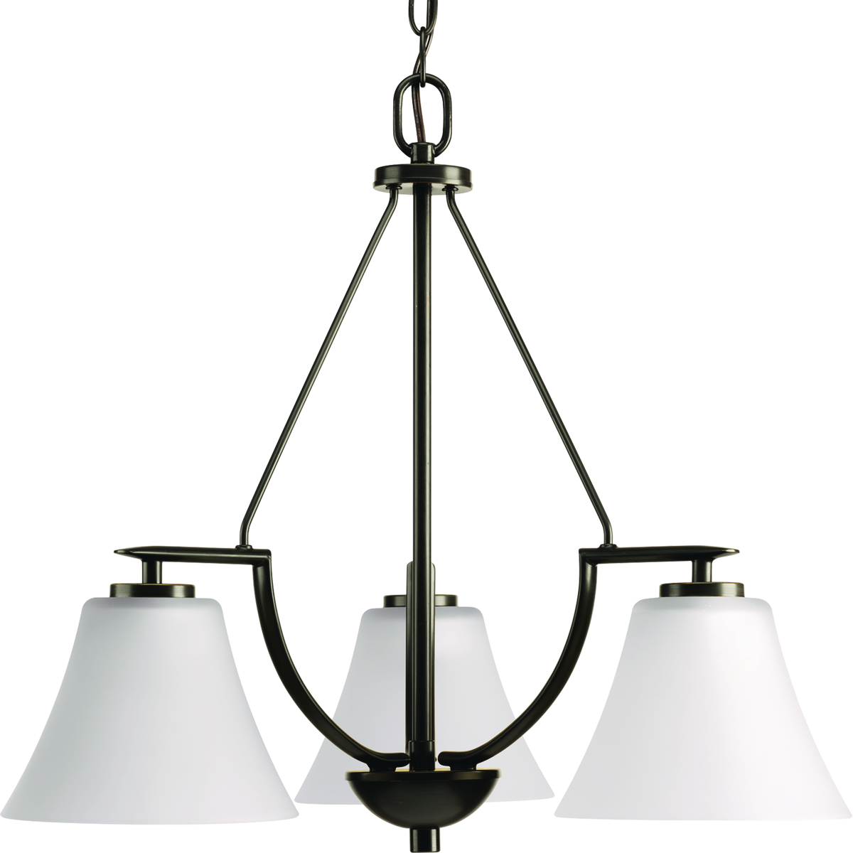 Three-light chandelier with white etched glass from the Bravo collection. Linear elements stream throughout the fixture to compose a relaxed but exotic ambiance. Generously scaled glass shades add distinction against the Antique Bronze finish and provide pleasing illumination to your room. Bravo possesses a smart simplicity to complement today's home entirely with confidence and style.