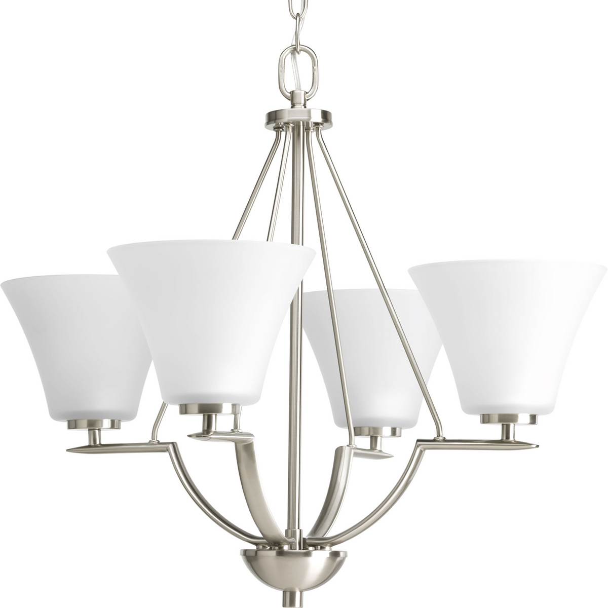Four-light chandelier with white etched glass from the Bravo collection. Linear elements stream throughout the fixture to compose a relaxed but exotic ambiance. Generously scaled glass shades add distinction against the Brushed Nickel finish and provide pleasing illumination to your room. Six feet of 9 gauge chain is supplied for ceiling chain mount. Bravo possesses a smart simplicity to complement today's home entirely with confidence and style.