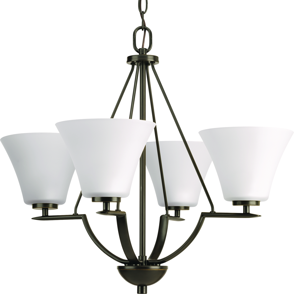 Four-light chandelier with white etched glass from the Bravo collection. Linear elements stream throughout the fixture to compose a relaxed but exotic ambiance. Generously scaled glass shades add distinction against the Antique Bronze finish and provide pleasing illumination to your room. Bravo possesses a smart simplicity to complement today's home entirely with confidence and style.