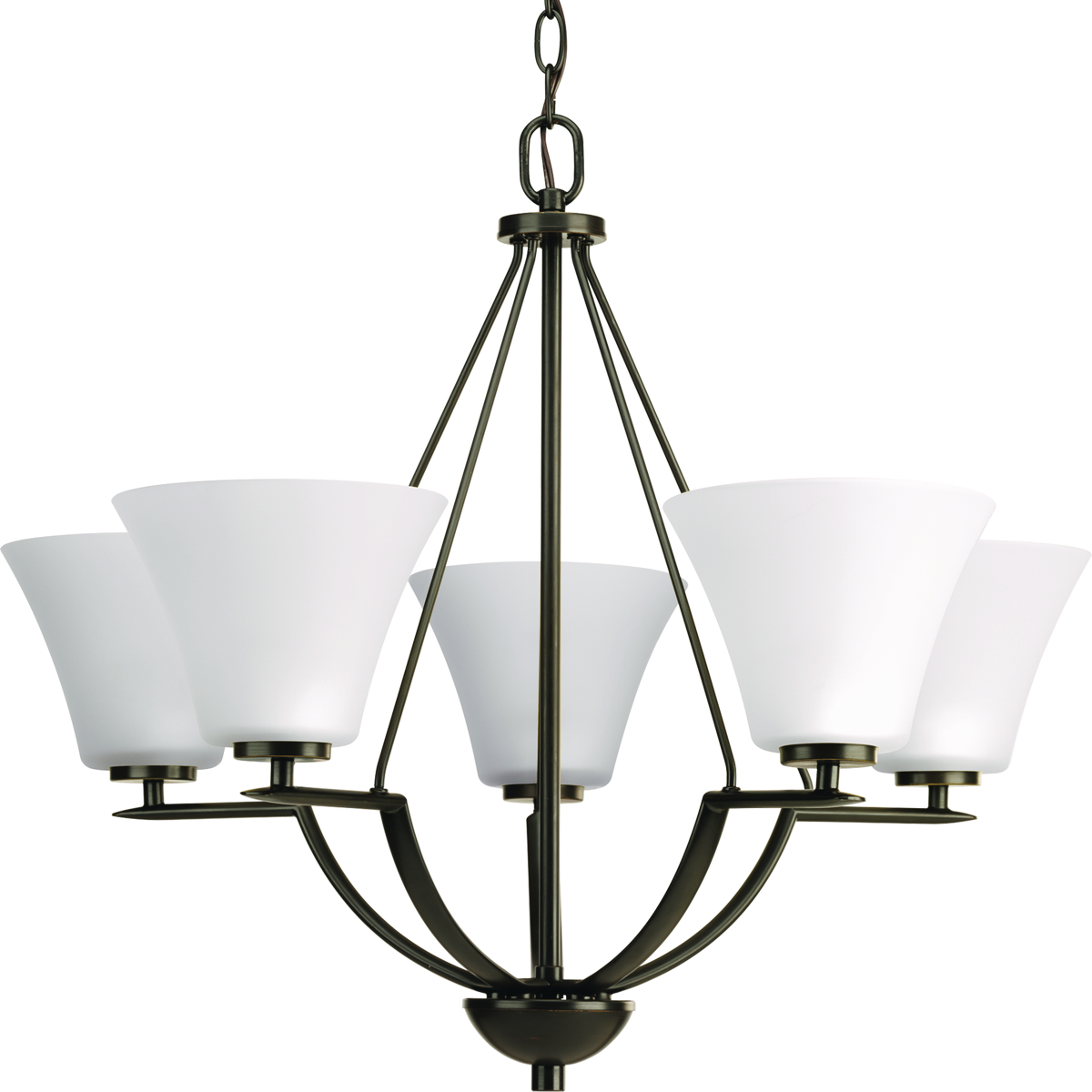 Five-light chandelier with white etched glass from the Bravo collection. Linear elements stream throughout the fixture to compose a relaxed but exotic ambiance. Generously scaled glass shades add distinction against the Antique Bronze finish and provide pleasing illumination to your room. Bravo possesses a smart simplicity to complement today's home entirely with confidence and style.