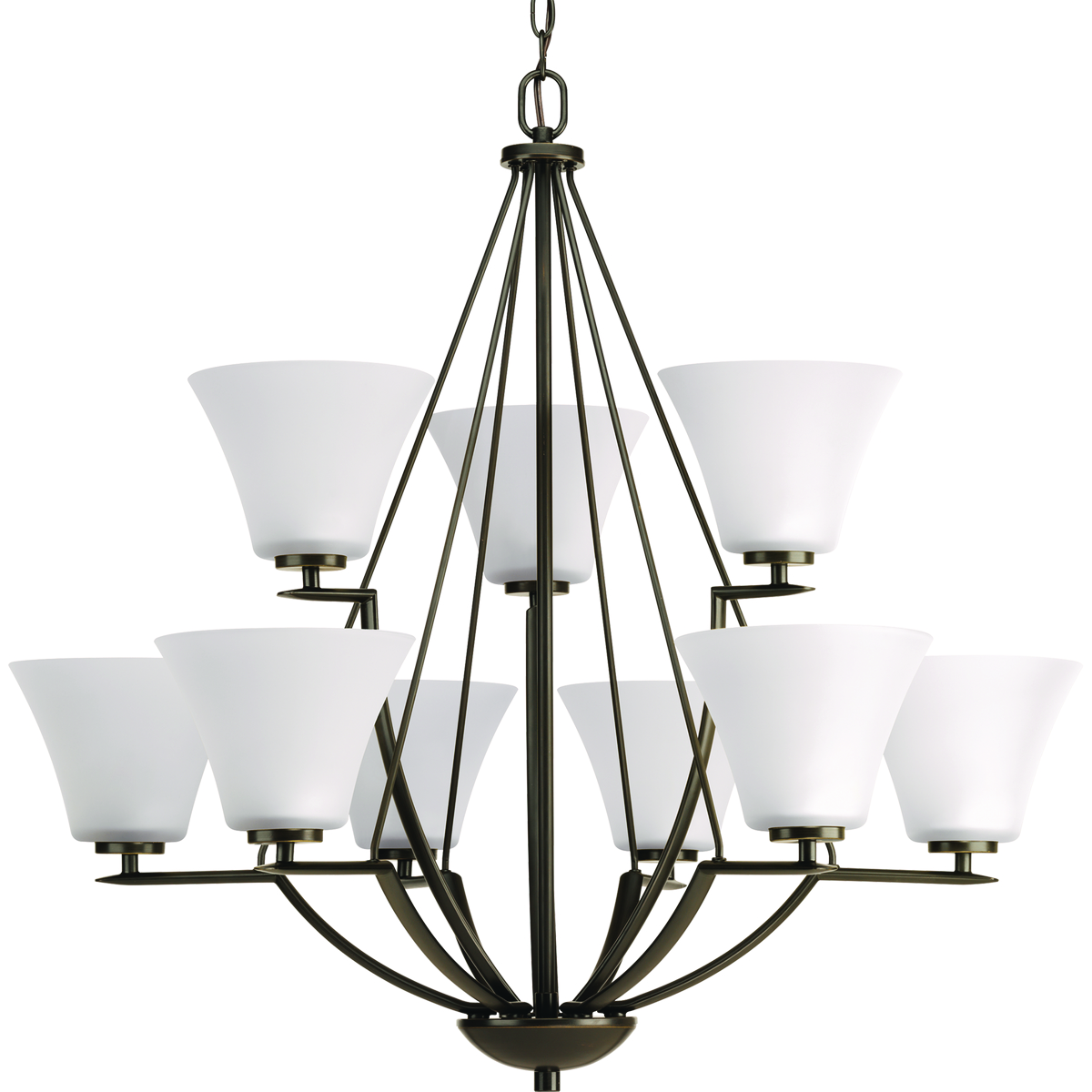 Nine-light, two-tier chandelier with white etched glass from the Bravo collection. Linear elements stream throughout the fixture to compose a relaxed but exotic ambiance. Generously scaled glass shades add distinction against the Antique Bronze finish and provide pleasing illumination to your room. Bravo possesses a smart simplicity to complement today's home entirely with confidence and style.