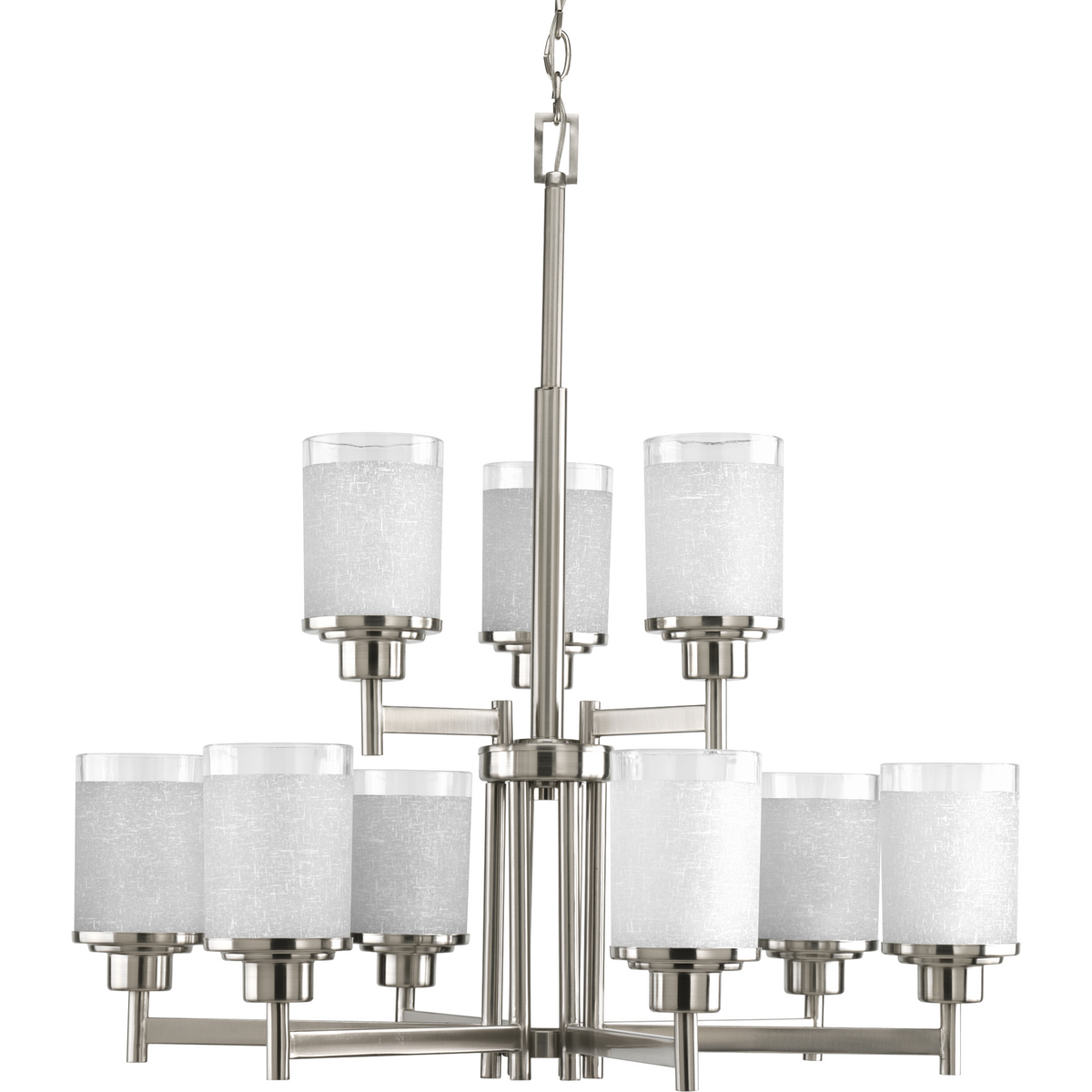 Nine-light, 2-tier chandelier features a pleasingly simple Brushed Nickel frame while visually interesting textured white linen glass are complemented by a crisp, clear edge accent. Six feet of 9 gauge chain is supplied for ceiling chain mount. Create the sophisticated feel of modern, urban living in your home - no matter where you live.