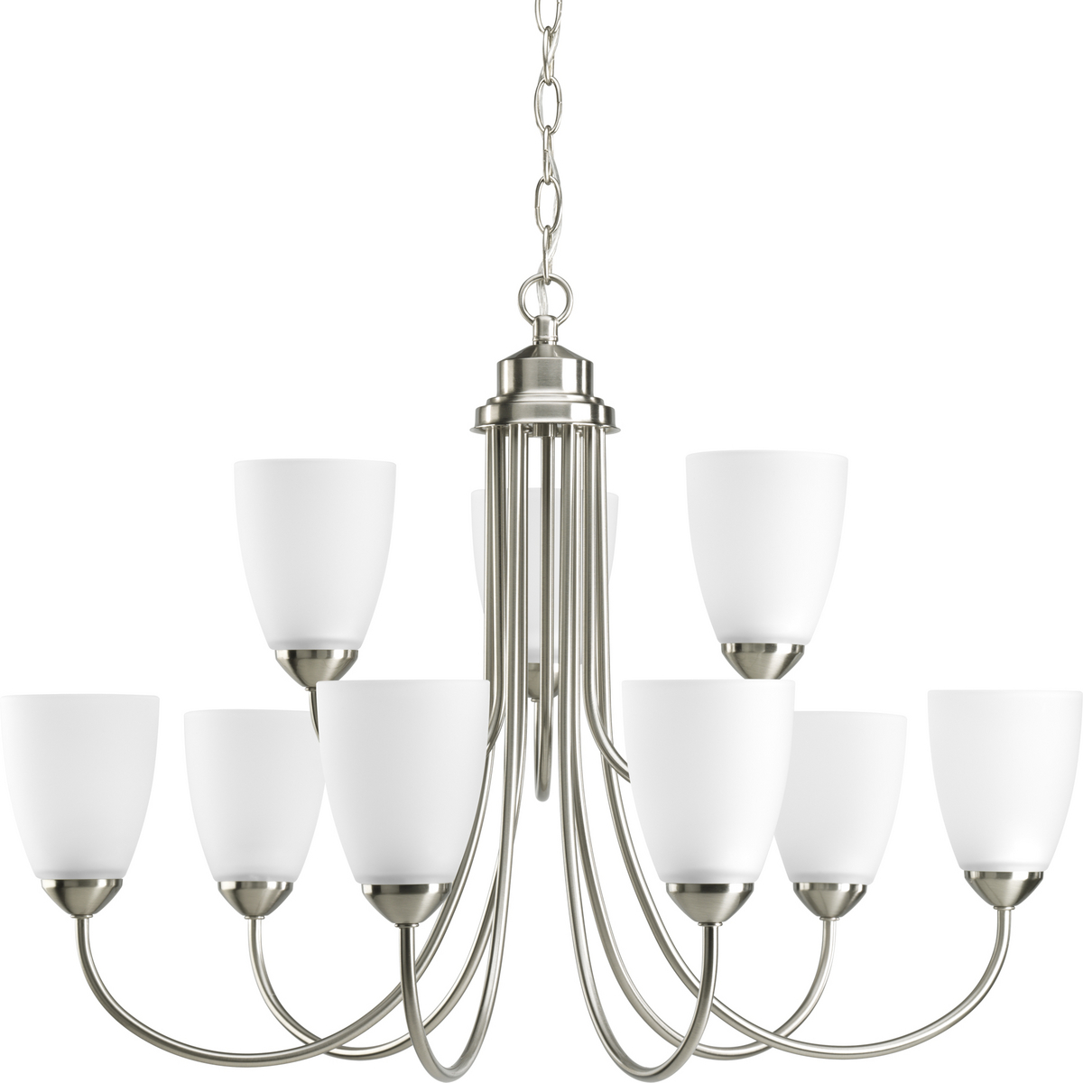Nine-light, two-tier chandelier from Gather possesses a smart simplicity to complement today's home. Brushed Nickel metal arms descend downwards and curve sharply to prop white etched glass shades. Etched glass add distinction and provide pleasing illumination to your room. Coordinating fixtures from this collection let you decorate an entire home with confidence and style. 10 feet of 9 gauge chain is supplied for ceiling chain mount.