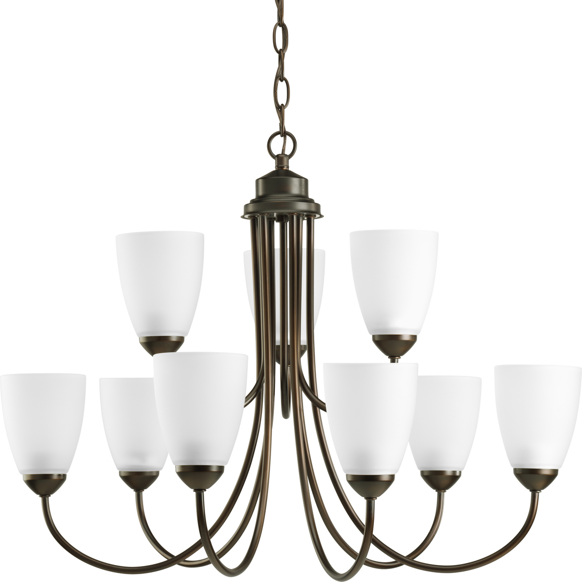 Nine-light, two-tier chandelier from Gather possesses a smart simplicity to complement today's home. Antique bronze metal arms descend downwards and curve sharply to prop white etched glass shades. Etched glass add distinction and provide pleasing illumination to your room. Coordinating fixtures from this collection let you decorate an entire home with confidence and style. 10 feet of 9 gauge chain is supplied for ceiling chain mount.
