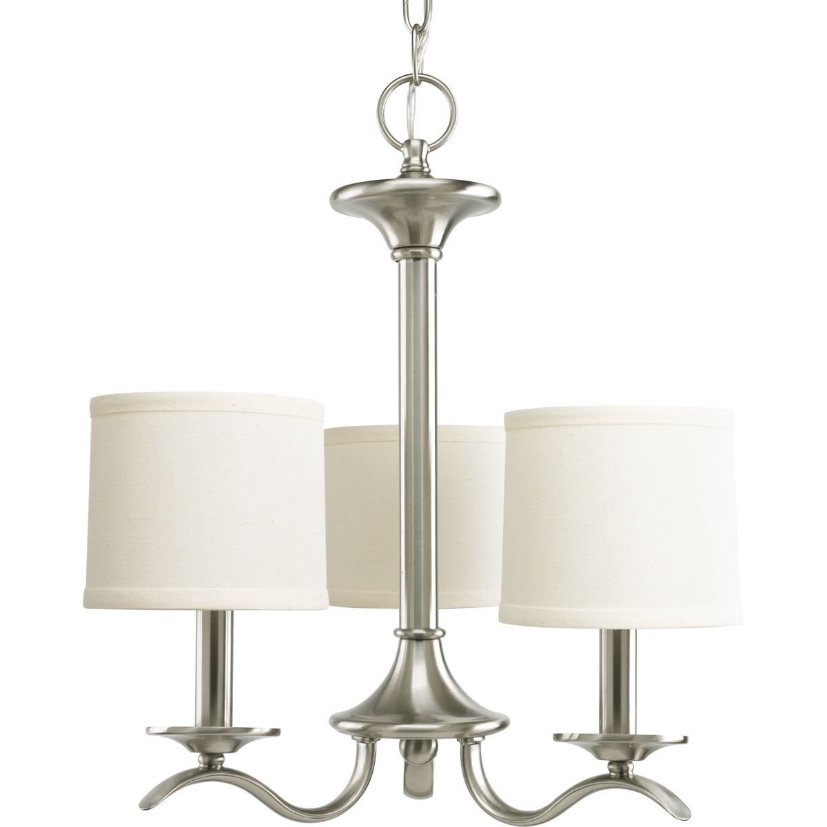 Harkening back to a simpler time, the Inspire Collection freshens traditional forms with flowing lines. Waving metal arms rush from the center to gracefully support off-white linen shades in this three-light chandelier in Brushed Nickel.