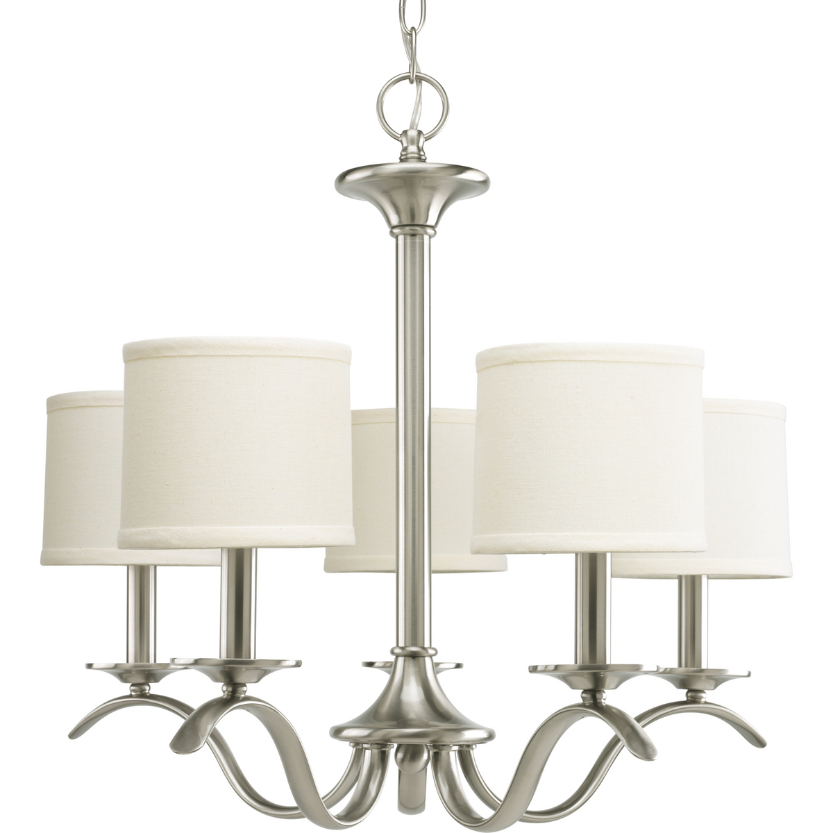 Harkening back to a simpler time, the Inspire Collection freshens traditional forms with flowing lines. Waving metal arms rush from the center to gracefully support off-white linen shades in this five-light chandelier in Brushed Nickel. Unique ceiling chain mount supplies you with 6 feet of 9 gauge chain.