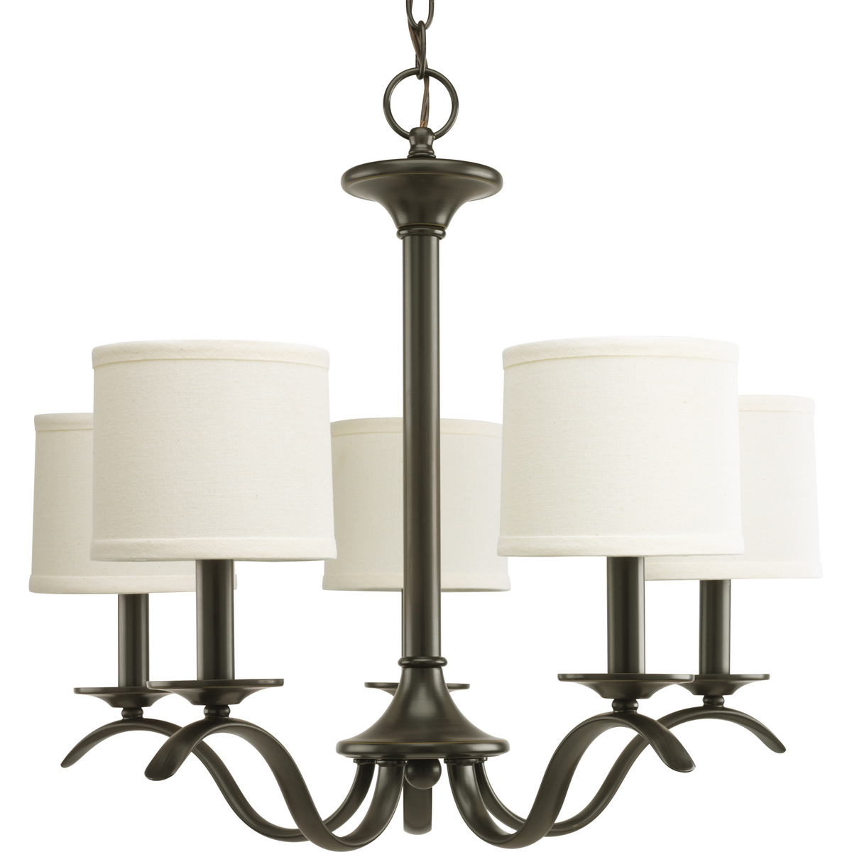 Harkening back to a simpler time, the Inspire Collection freshens traditional forms with flowing lines. Waving metal arms rush from the center to gracefully support off-white linen shades in this five-light chandelier in Antique Bronze. Unique ceiling chain mount supplies you with 6 feet of 9 gauge chain.