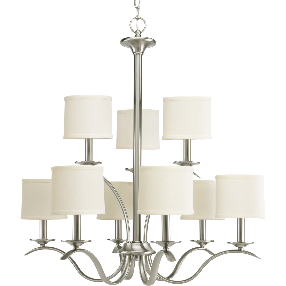 Harkening back to a simpler time, the Inspire Collection freshens traditional forms with flowing lines. Waving metal arms rush from the center to gracefully support off-white linen shades in this nine-light, two-tier chandelier in Brushed Nickel. Unique ceiling chain mount supplies you with 6 feet of 9 gauge chain.