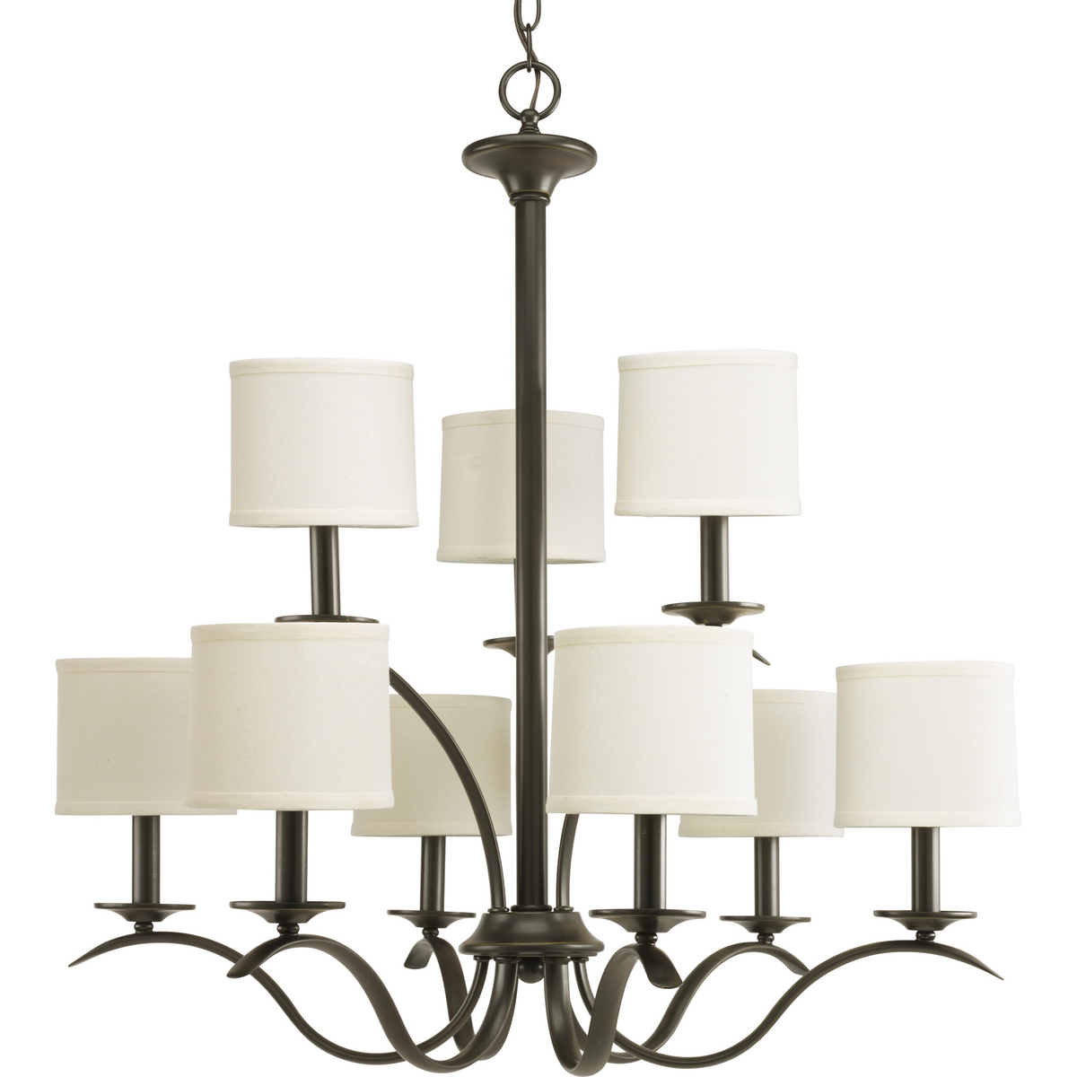 Harkening back to a simpler time, the Inspire Collection freshens traditional forms with flowing lines. Waving metal arms rush from the center to gracefully support off-white linen shades in this nine-light, two-tier chandelier in Antique Bronze. Unique ceiling chain mount supplies you with 6 feet of 9 gauge chain.