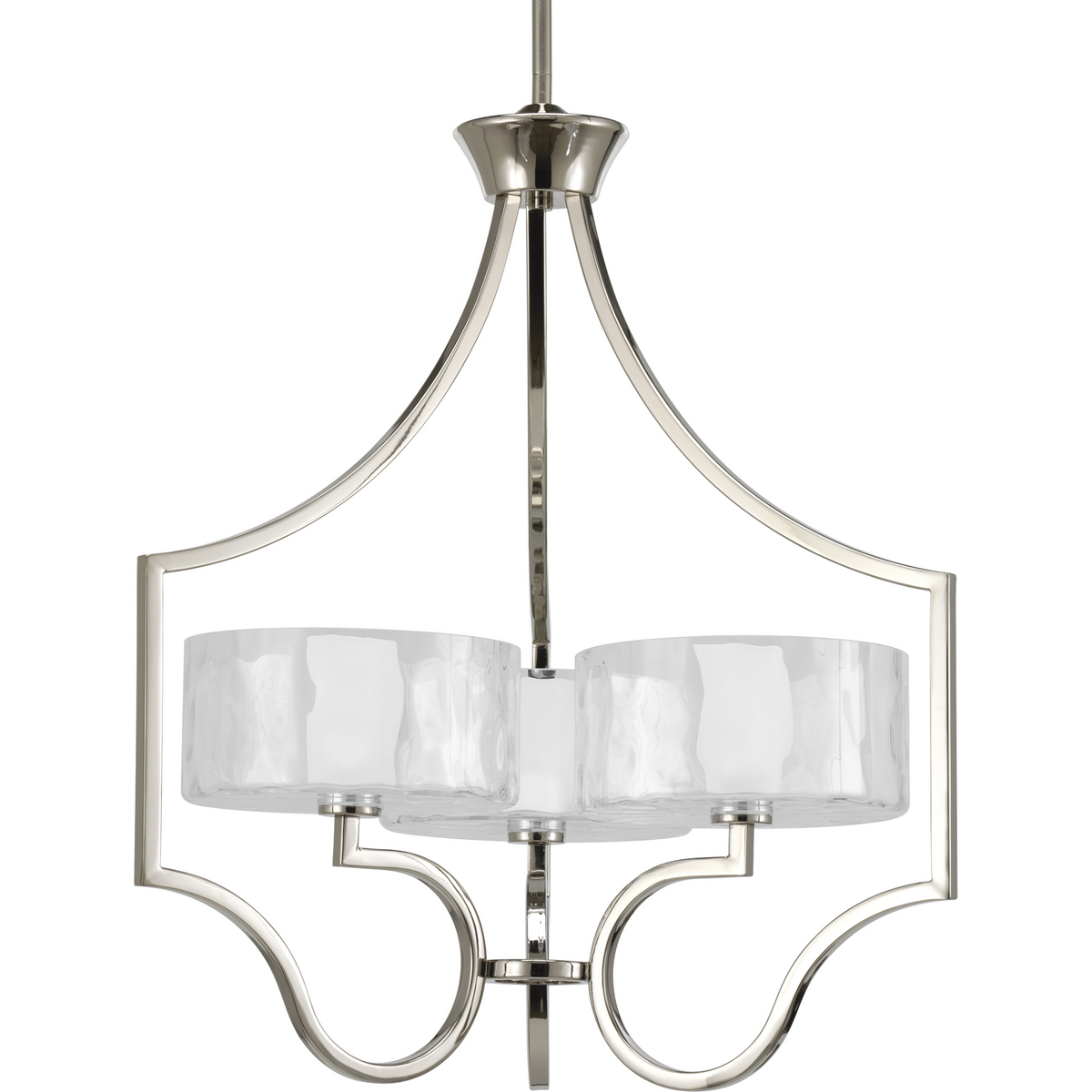 Three-light chandelier. Caress features a chic, sophisticated three-light chandelier featuring a Polished Nickel metal frame with layered glass diffusers to cast a glimmering light. An outer shade of clear, water glass adds rich texture and playful r...
