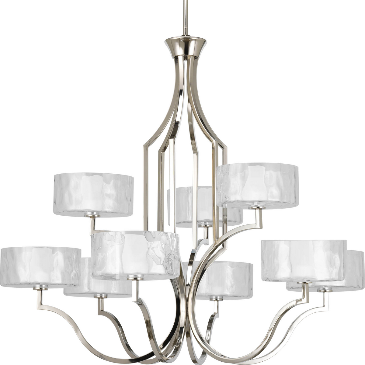 Nine-light, two tier chandelier. Caress features a chic, sophisticated nine-light, two-tier chandelier featuring a Polished Nickel metal frame with layered glass diffusers to cast a glimmering light. An outer shade of clear, water glass adds rich tex...