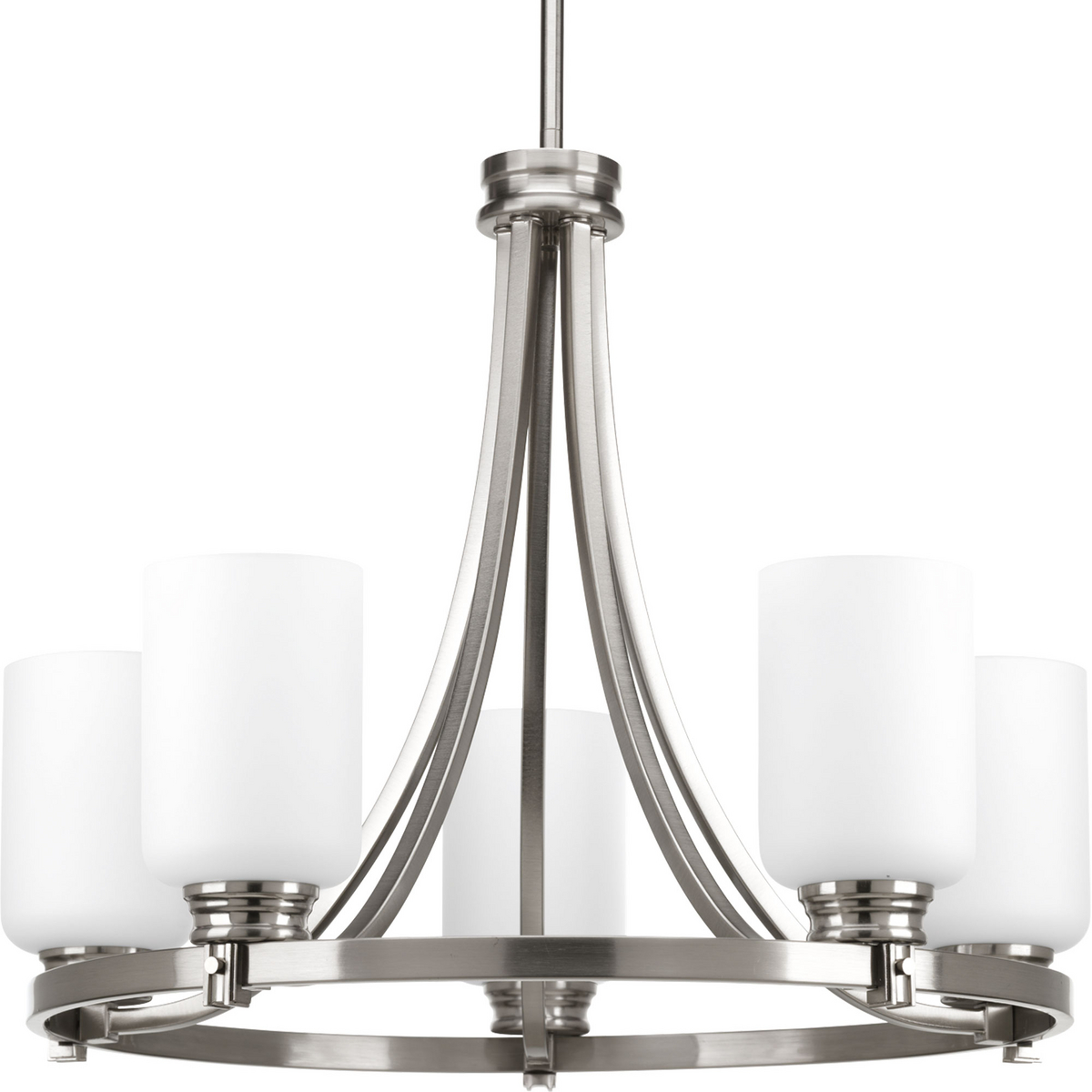 Five-light chandelier with opal etched glass shades, rectilinear tubing frame and ring styling.
