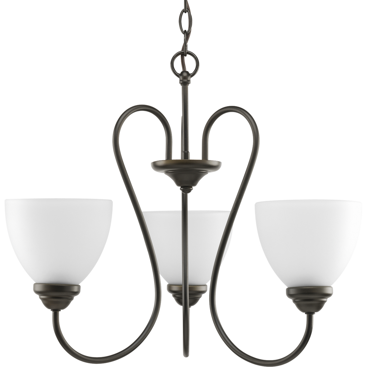 Three-light Antique Bronze chandelier with etched glass shades takes you back in time to create a pleasantly comfortable and cozy feel. The Heart Collection possesses arching forms and angles to reveal a desiring appearance. Etched glass shades have a purpose to add distinction and provide pleasing illumination to any room. 42 in of 9 gauge chain is provided to allow the fixture to hang straight and level.