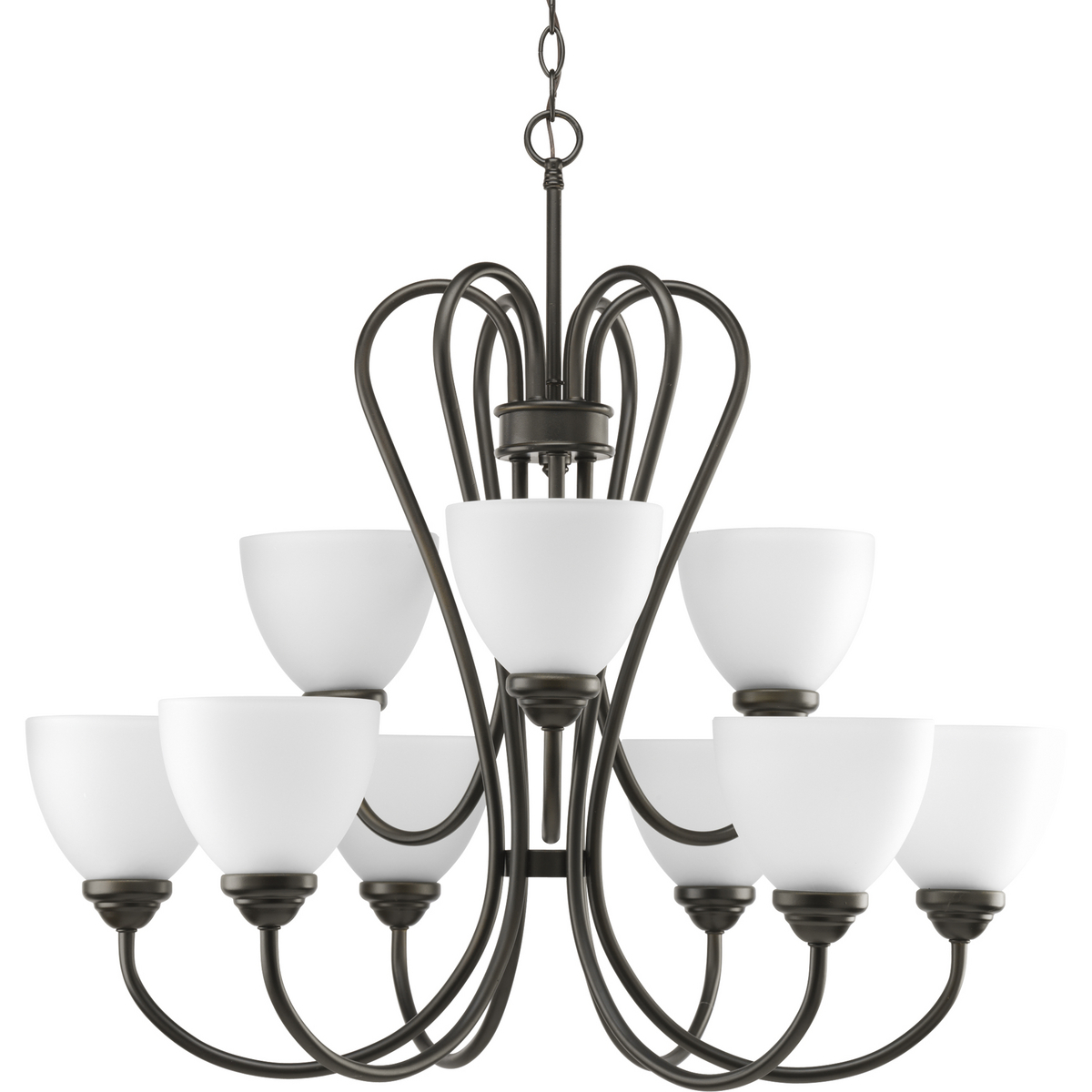Nine-light, 2-tier Antique Bronze chandelier with etched glass shades takes you back in time to create a pleasantly comfortable and cozy feel. The Heart Collection possesses arching forms and angles to reveal a desiring appearance. Etched glass shades have a purpose to add distinction and provide pleasing illumination to any room.